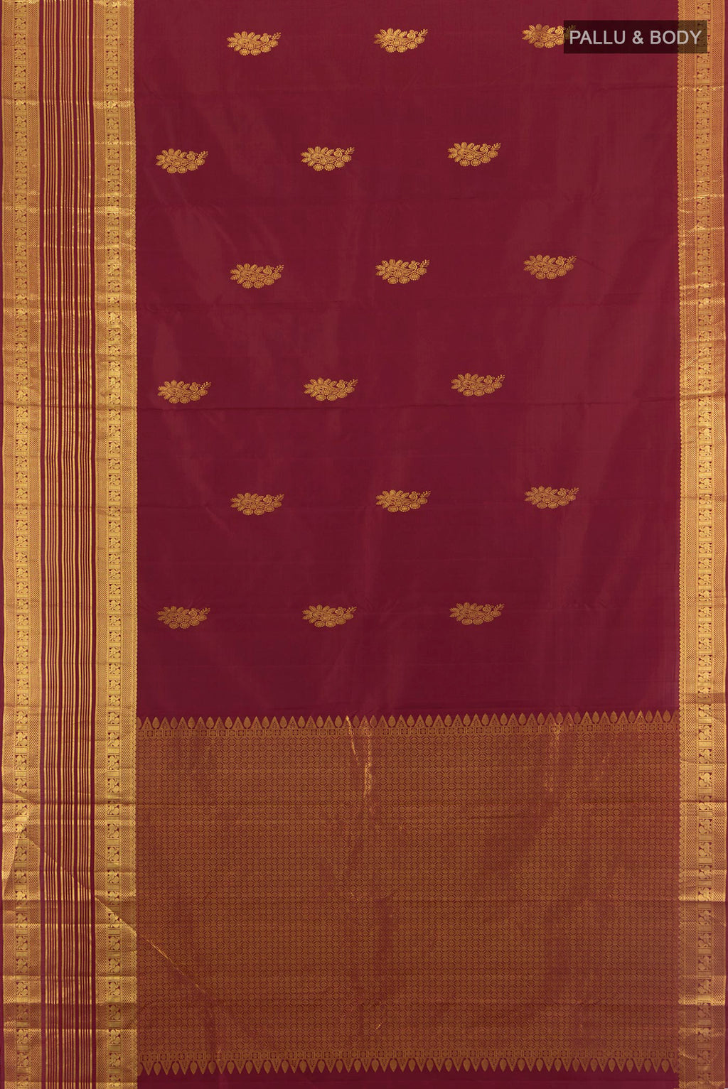 Flat view of Maroon Kanchipuram Silk Saree with Zari Butta on the body and Zari Border. 