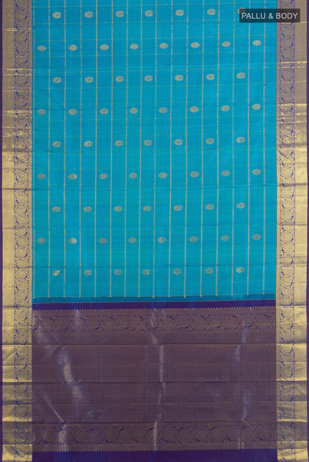 Flat view of Pure Silk Dark Blue Kanchipuram Saree with Zari Butta on the body and Silk Border. 