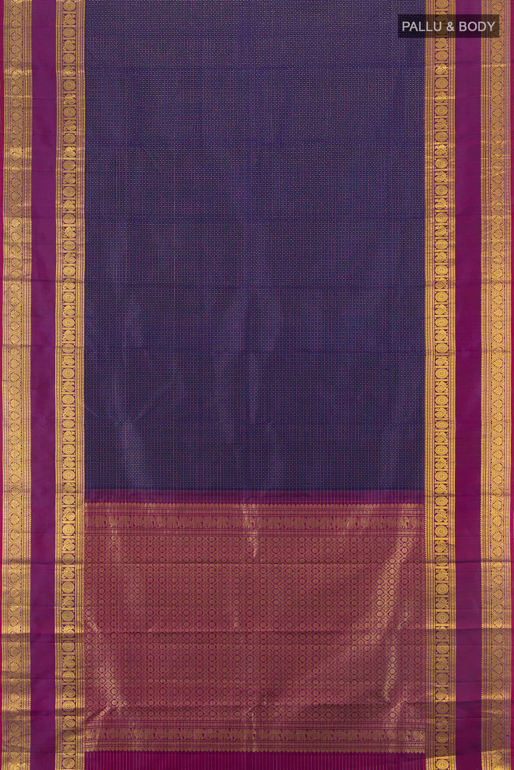 Flat view of Navy Blue Kanjivaram Silk Saree with Checked design on the body and Zari Border. 