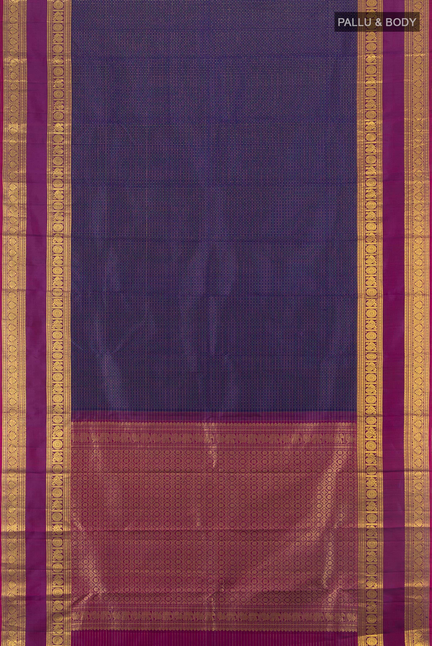 Flat view of Navy Blue Kanjivaram Silk Saree with Checked design on the body and Zari Border. 