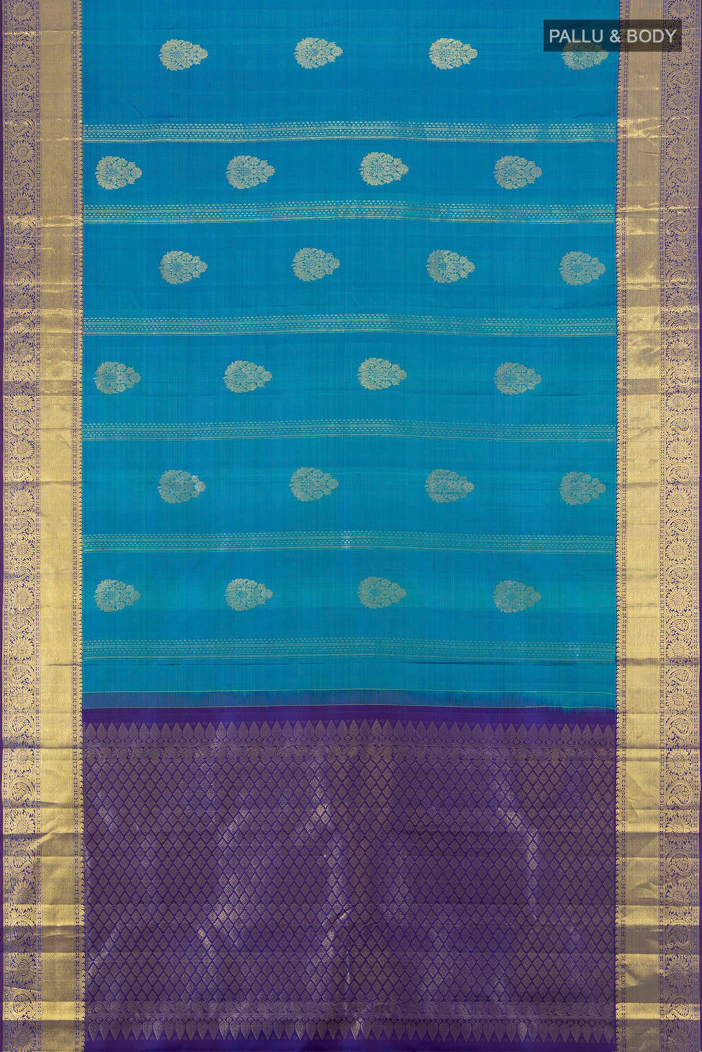 Flat view of Blue Kanchipuram Silk Saree with Zari Butta on the body and Zari Border. 