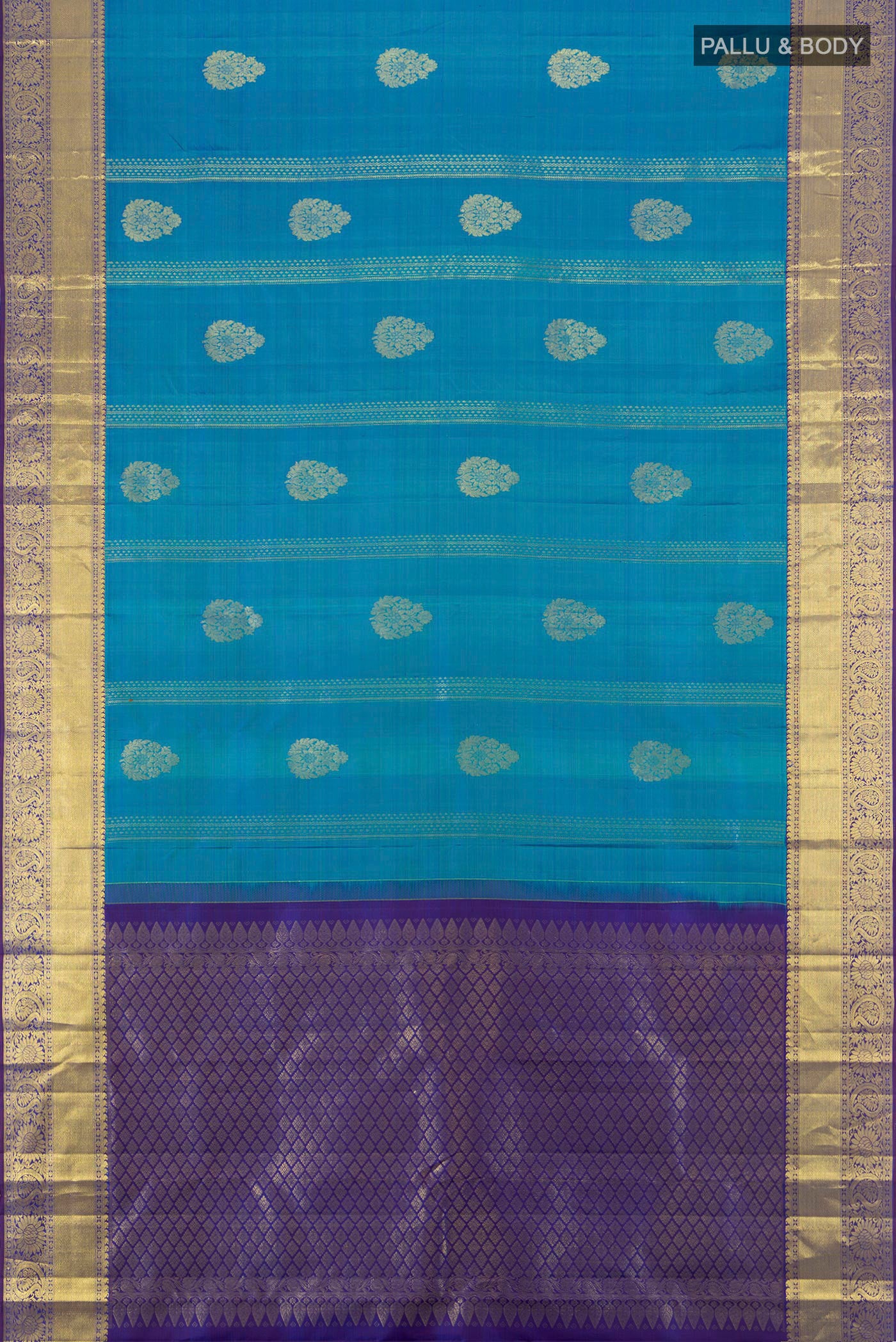 Flat view of Blue Kanchipuram Silk Saree with Zari Butta on the body and Zari Border. 