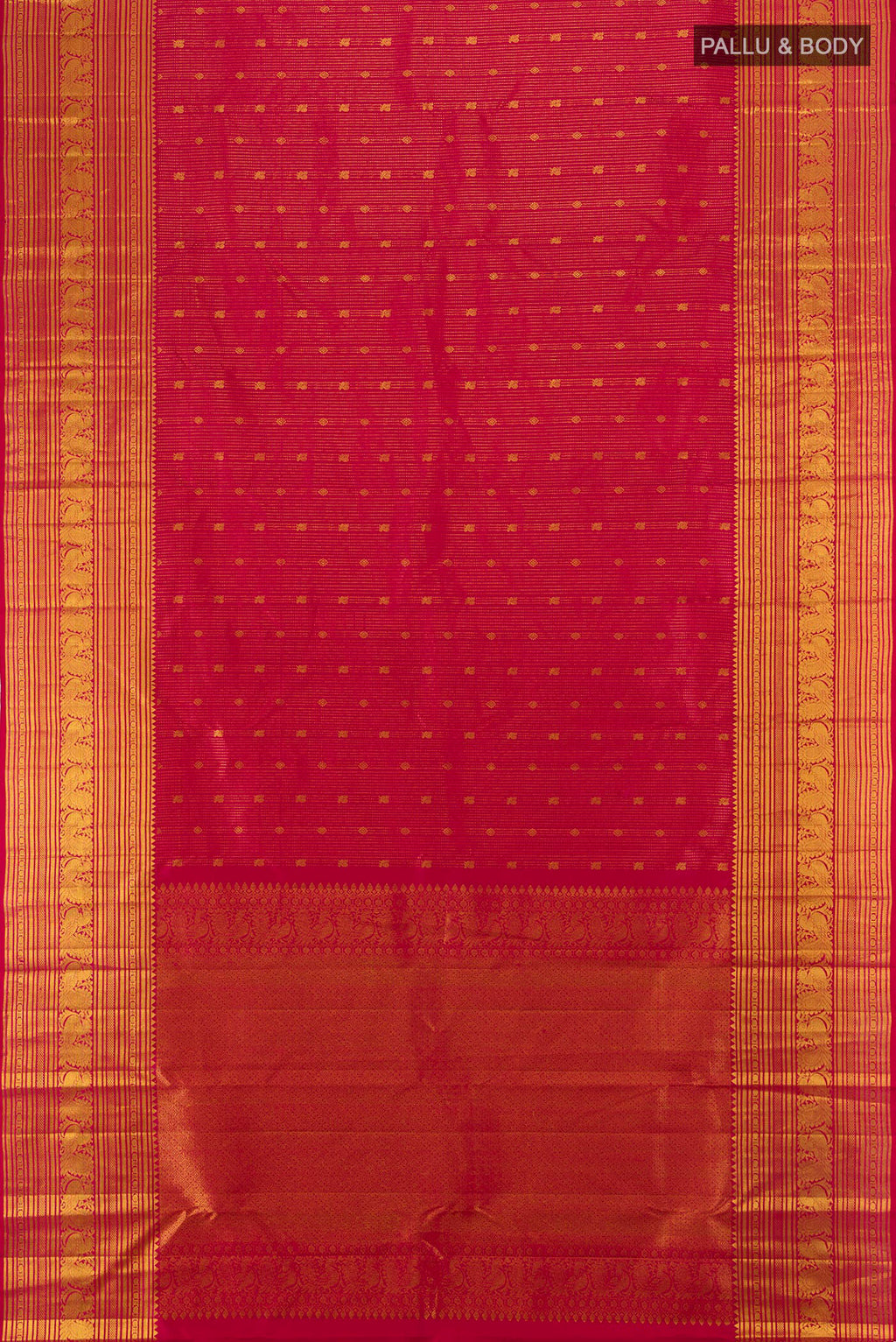 Flat view of Dark Pink Kanjivaram Silk Saree with Zari Butta on the body and Zari Border. 