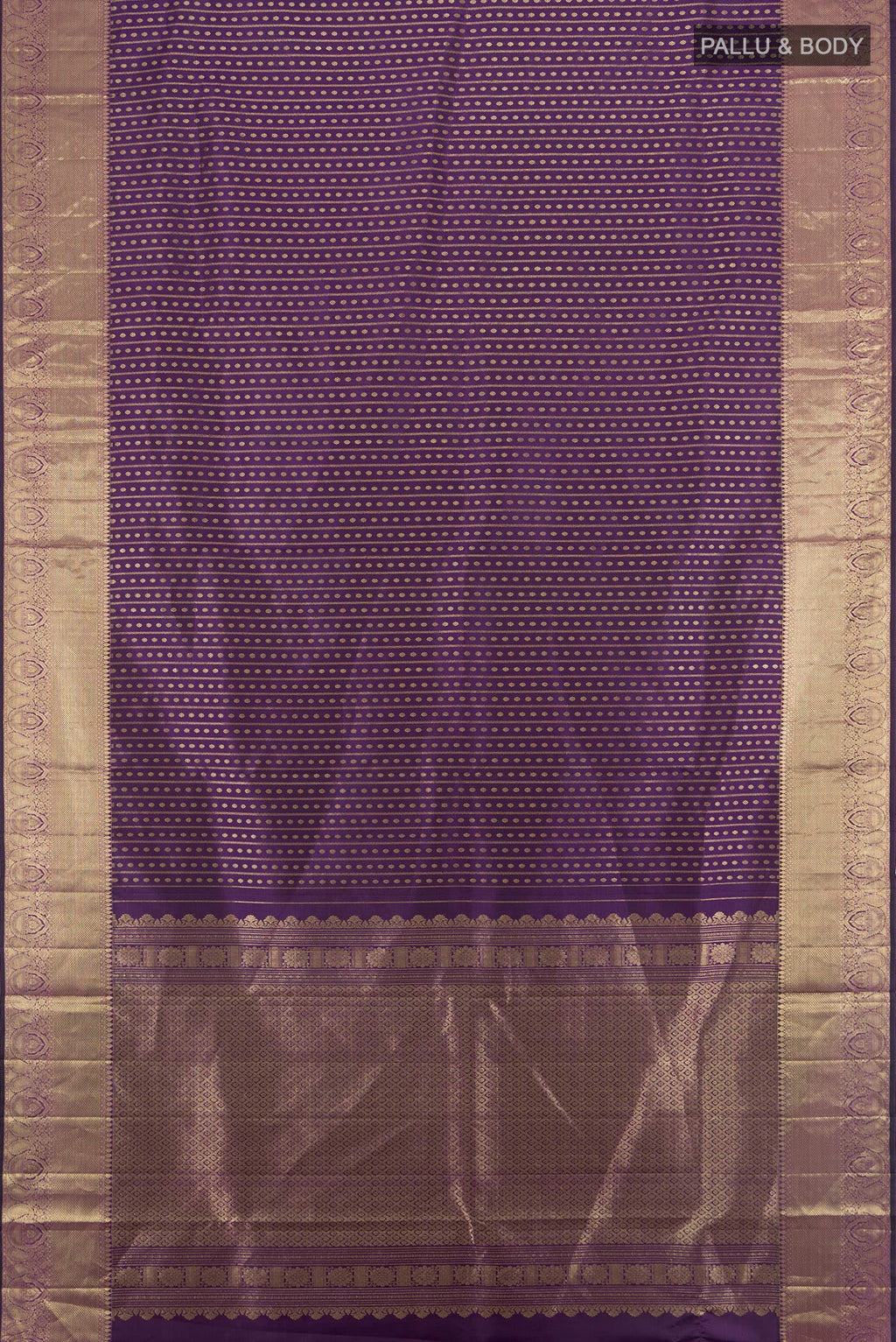 Flat view of Violet Kanjivaram Silk Saree with Zari Butta on the body and Zari Border. 
