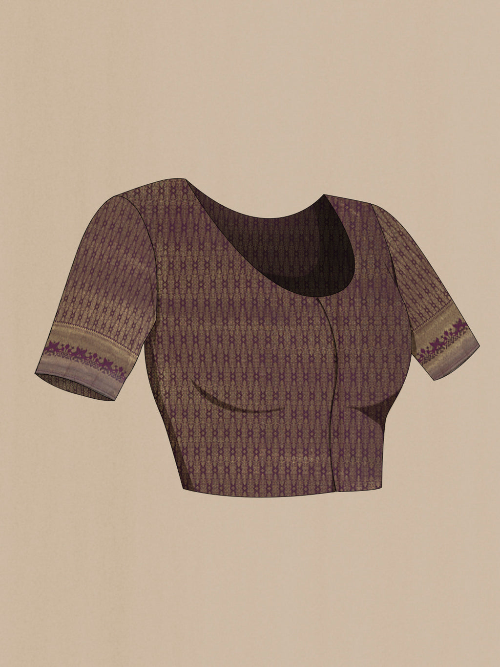 Close up image of the blouse of Purple Kanjivaram Silk Saree with Zari Brocade on the body and Zari Border. 