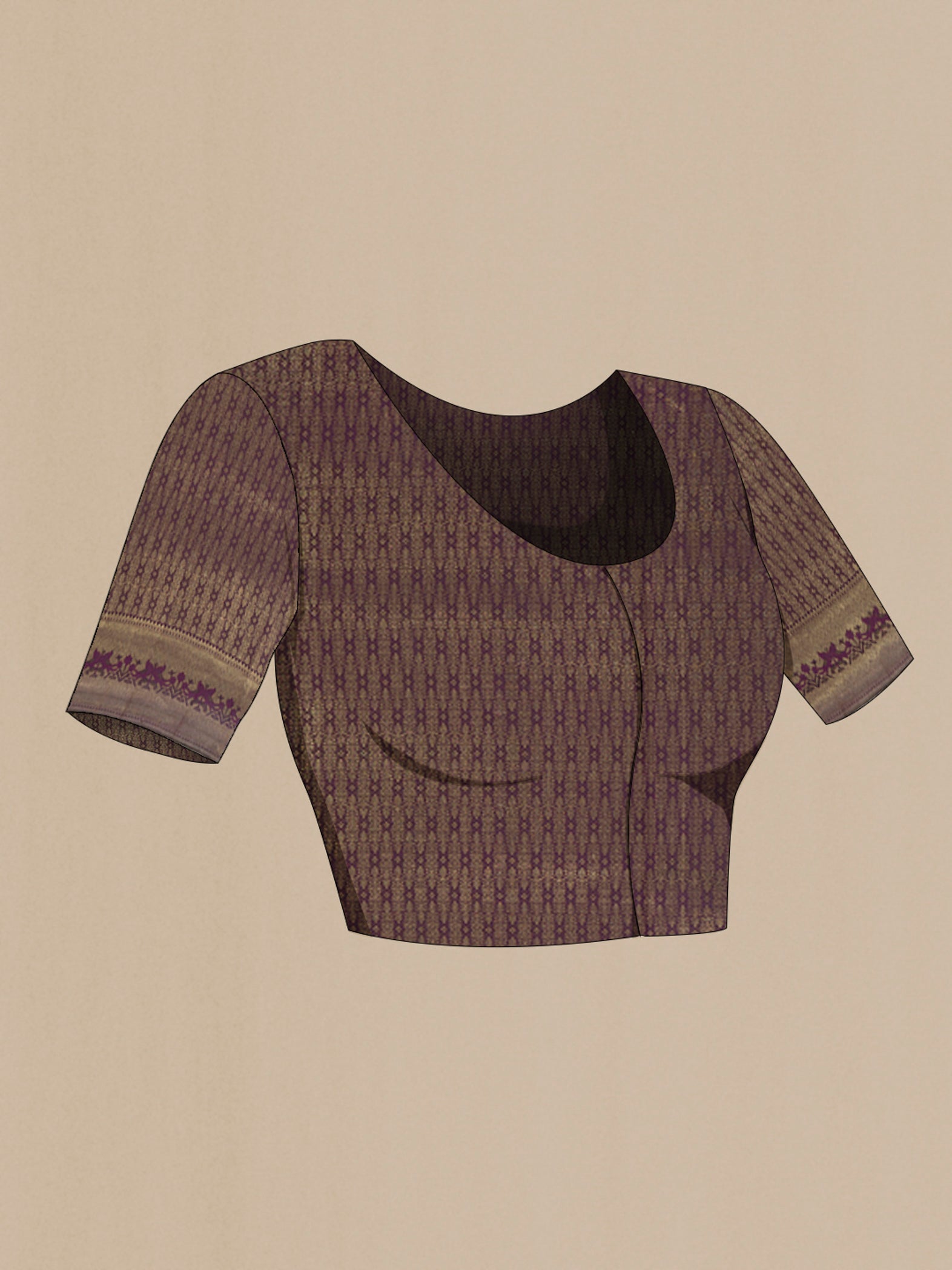 Close up image of the blouse of Purple Kanjivaram Silk Saree with Zari Brocade on the body and Zari Border. 