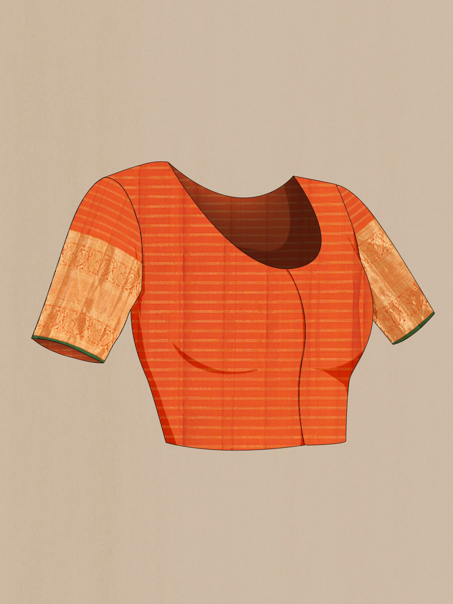 Close up image of the blouse of Orange Kanjivaram Silk Saree with Zari Butta on the body and Zari Border. 
