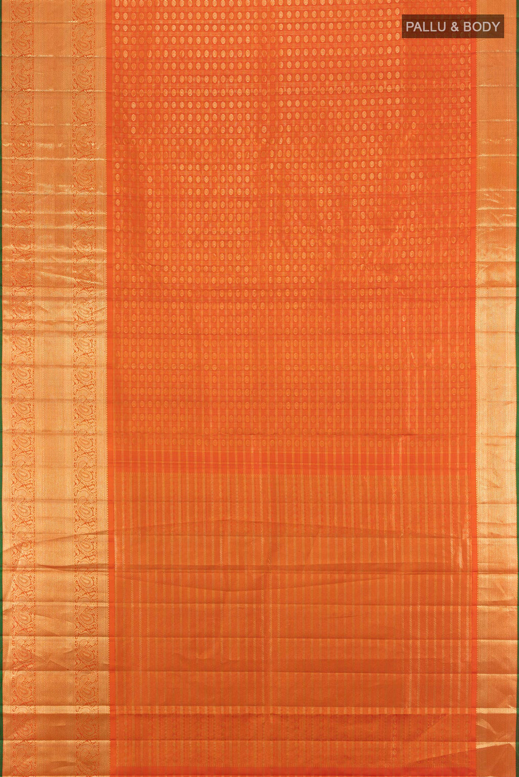 Flat view of Orange Kanjivaram Silk Saree with Zari Butta on the body and Zari Border. 
