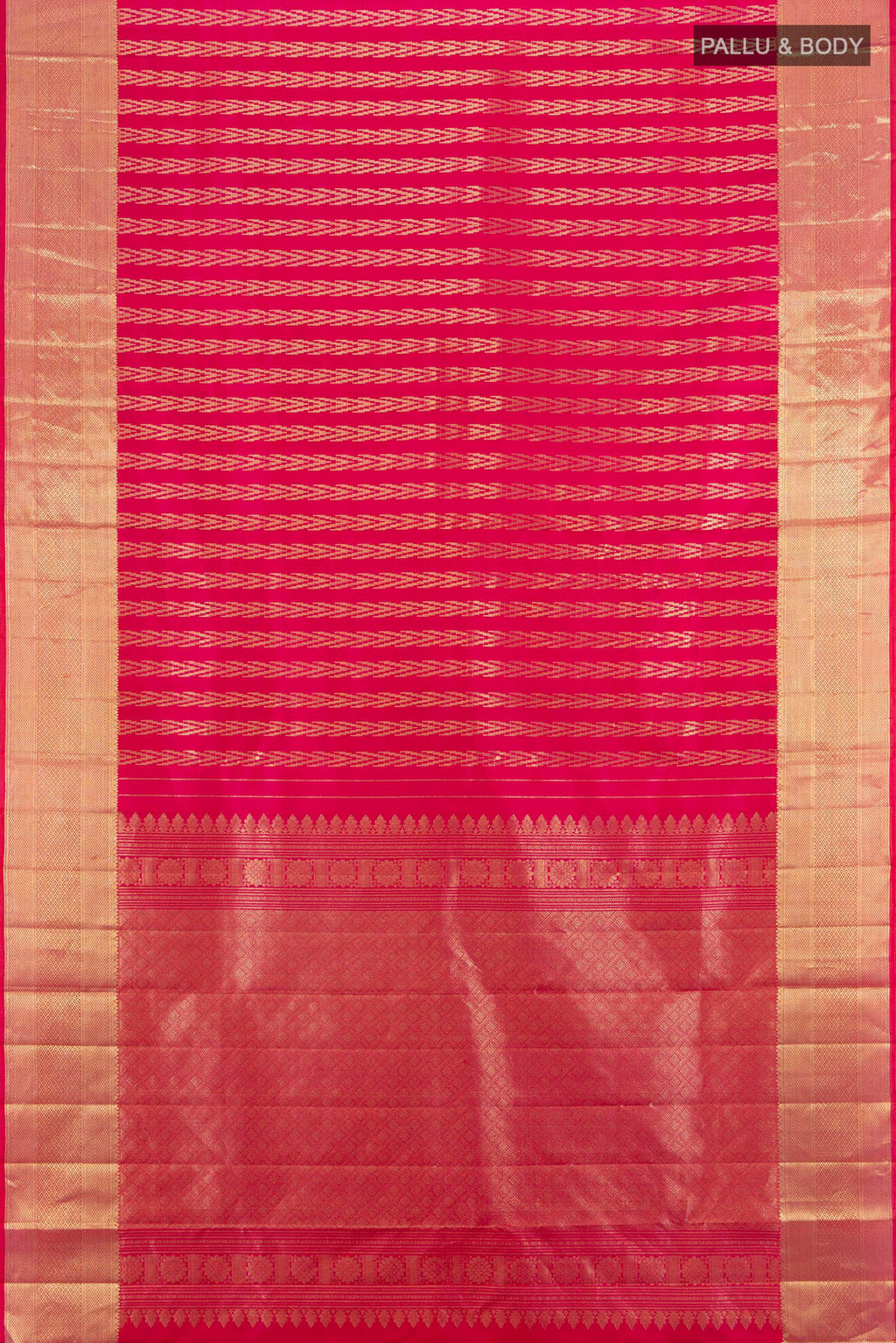 Flat view of Pink Kanjivaram Silk Saree with Zari Butta on the body and Zari Border. 