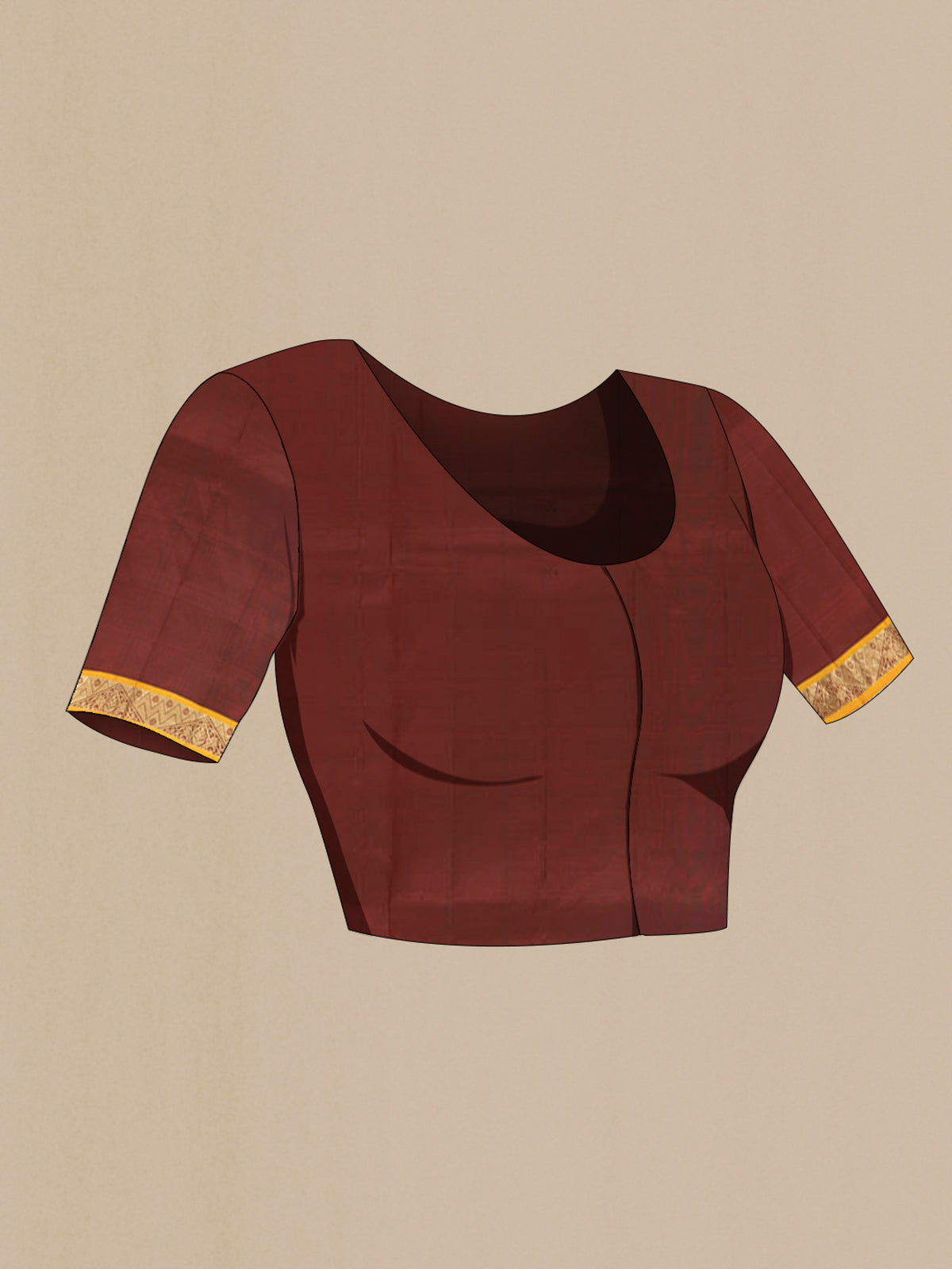 Close up image of the blouse of Pure Silk Coffee Brown Kanjivaram Saree with Zari Butta on the body and Silk Border. 