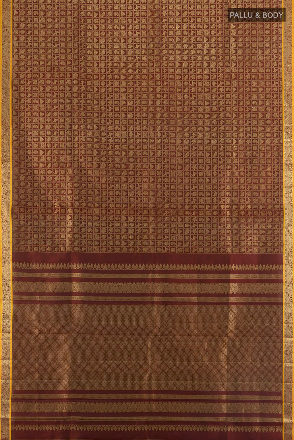 Flat view of Pure Silk Coffee Brown Kanjivaram Saree with Zari Butta on the body and Silk Border. 