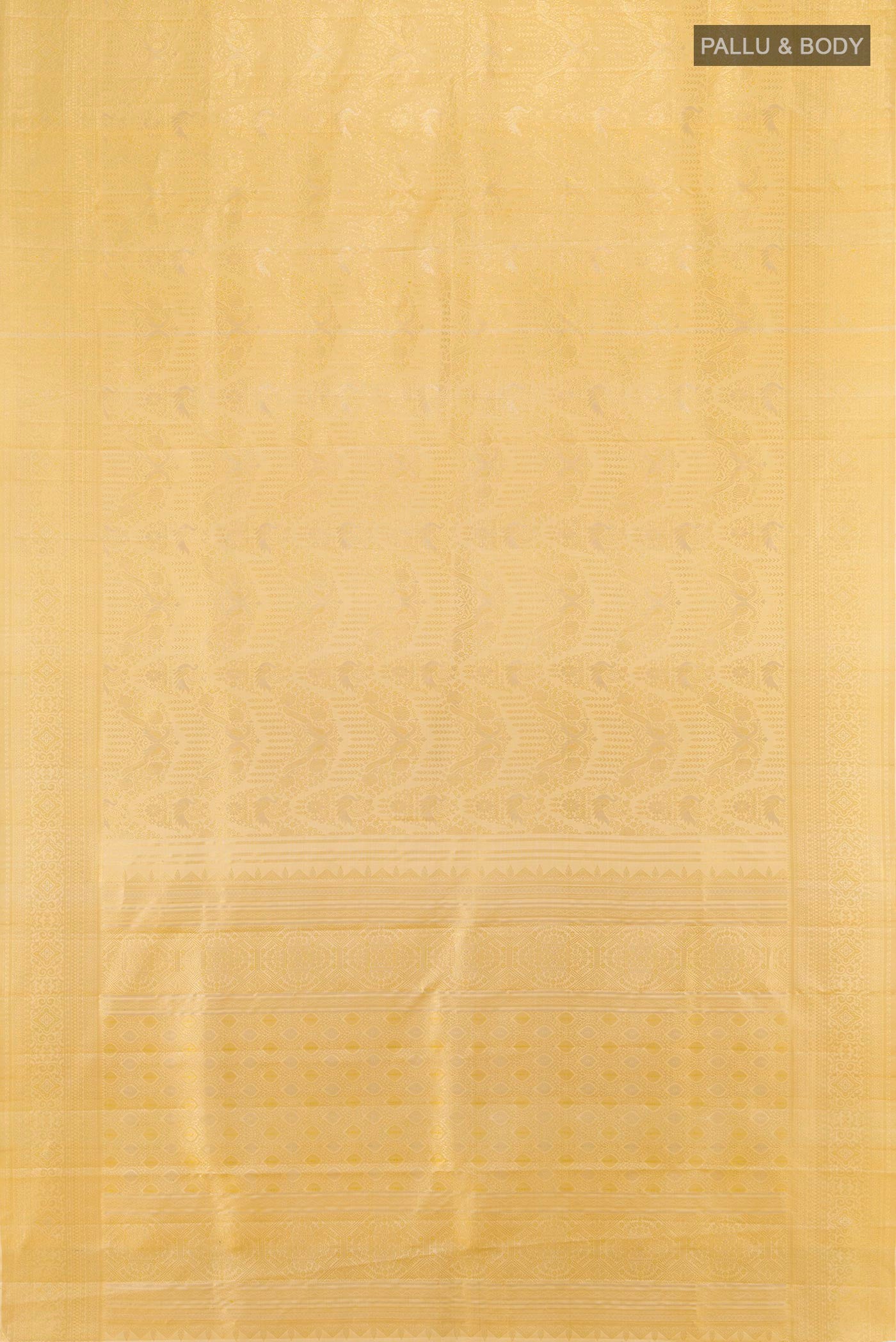 Flat view of Sandal Kanjivaram Silk Saree with Zari Brocade on the body and Zari Border. 