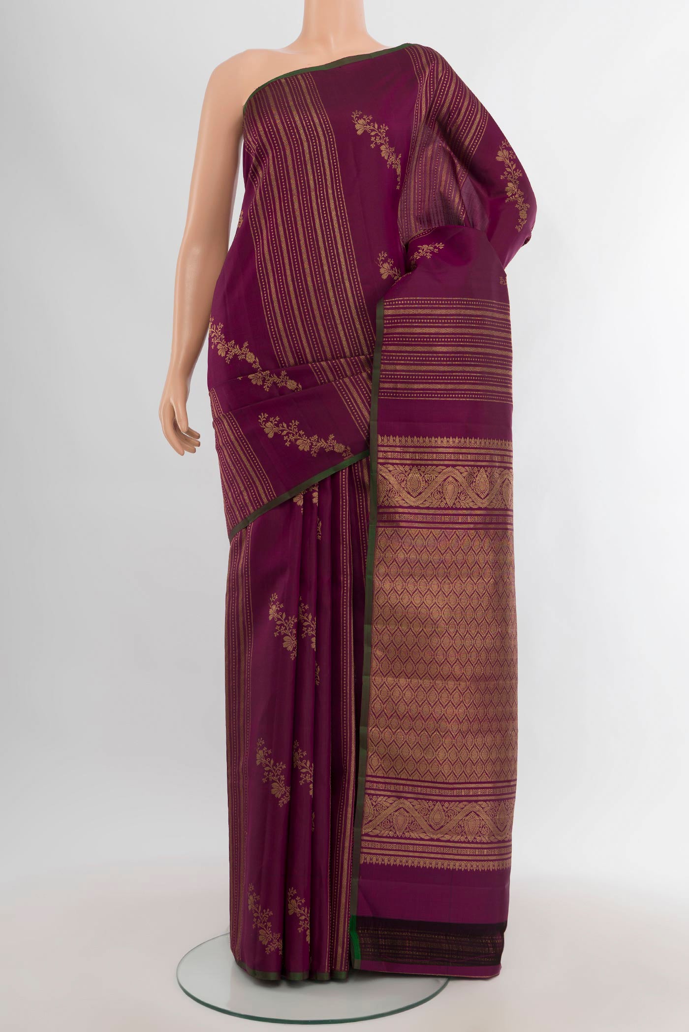Purple Kanjivaram Silk Saree with Stripes on the body and Without Border.  displayed on a mannequin