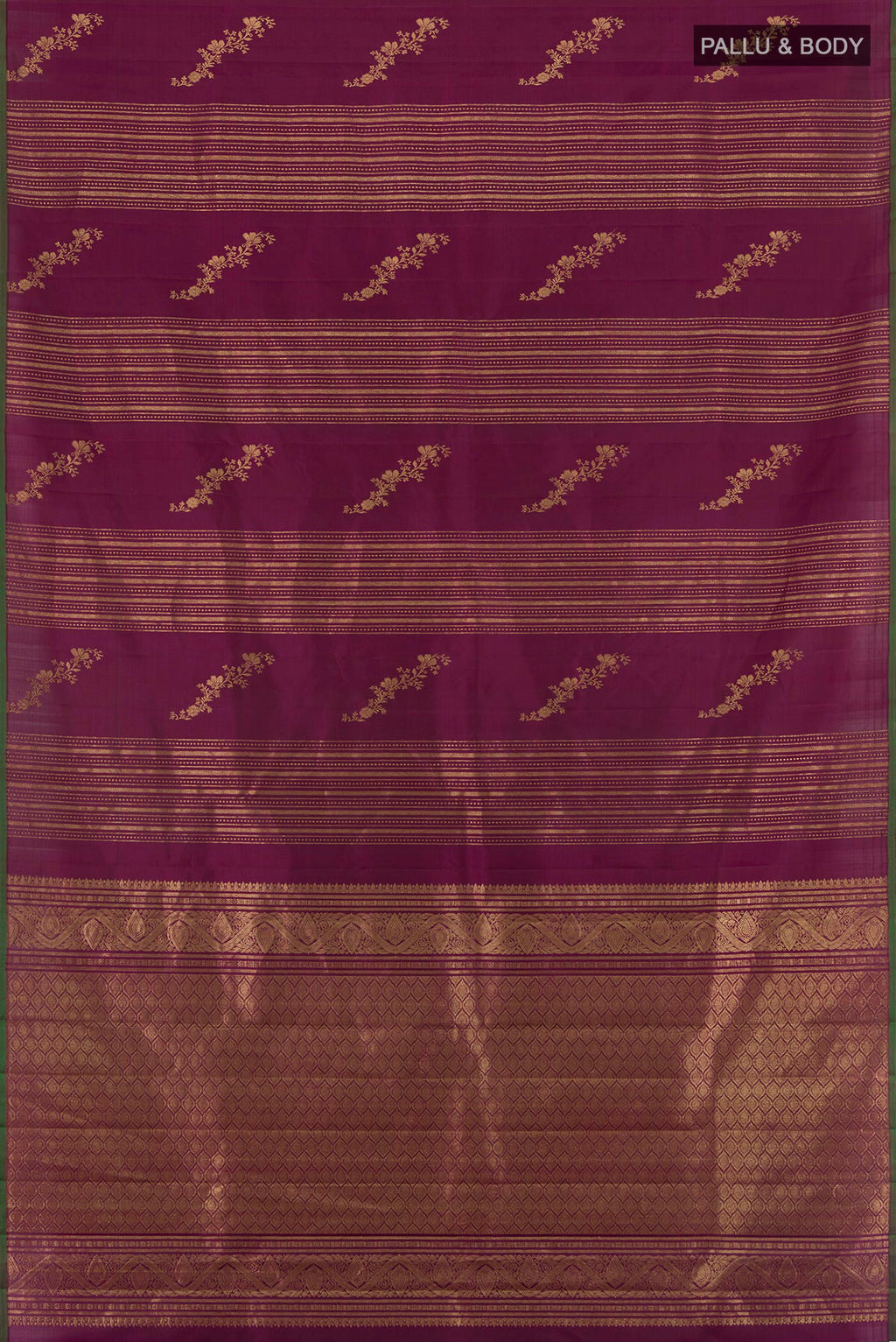 Flat view of Purple Kanjivaram Silk Saree with Stripes on the body and Without Border. 
