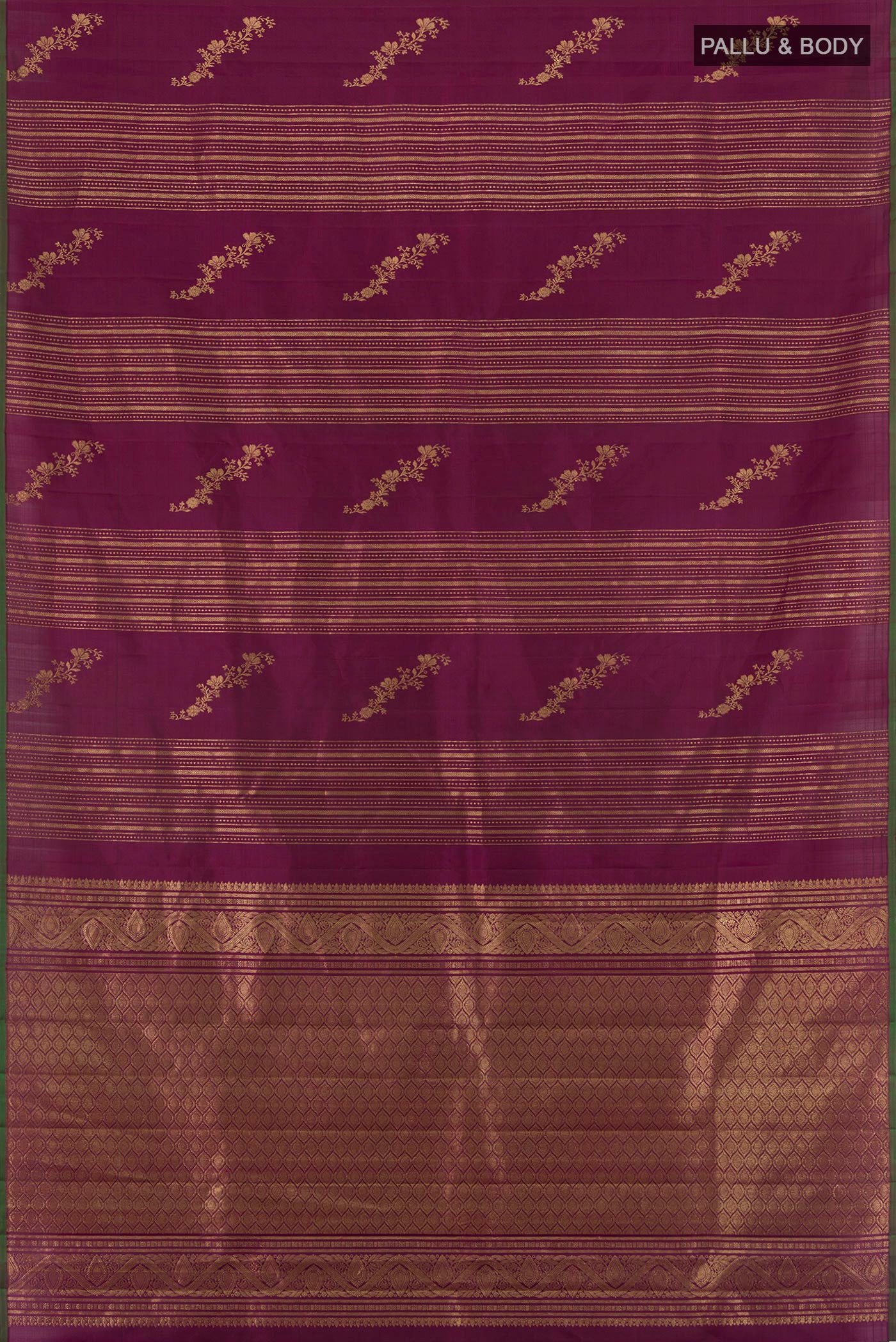 Flat view of Purple Kanjivaram Silk Saree with Stripes on the body and Without Border. 