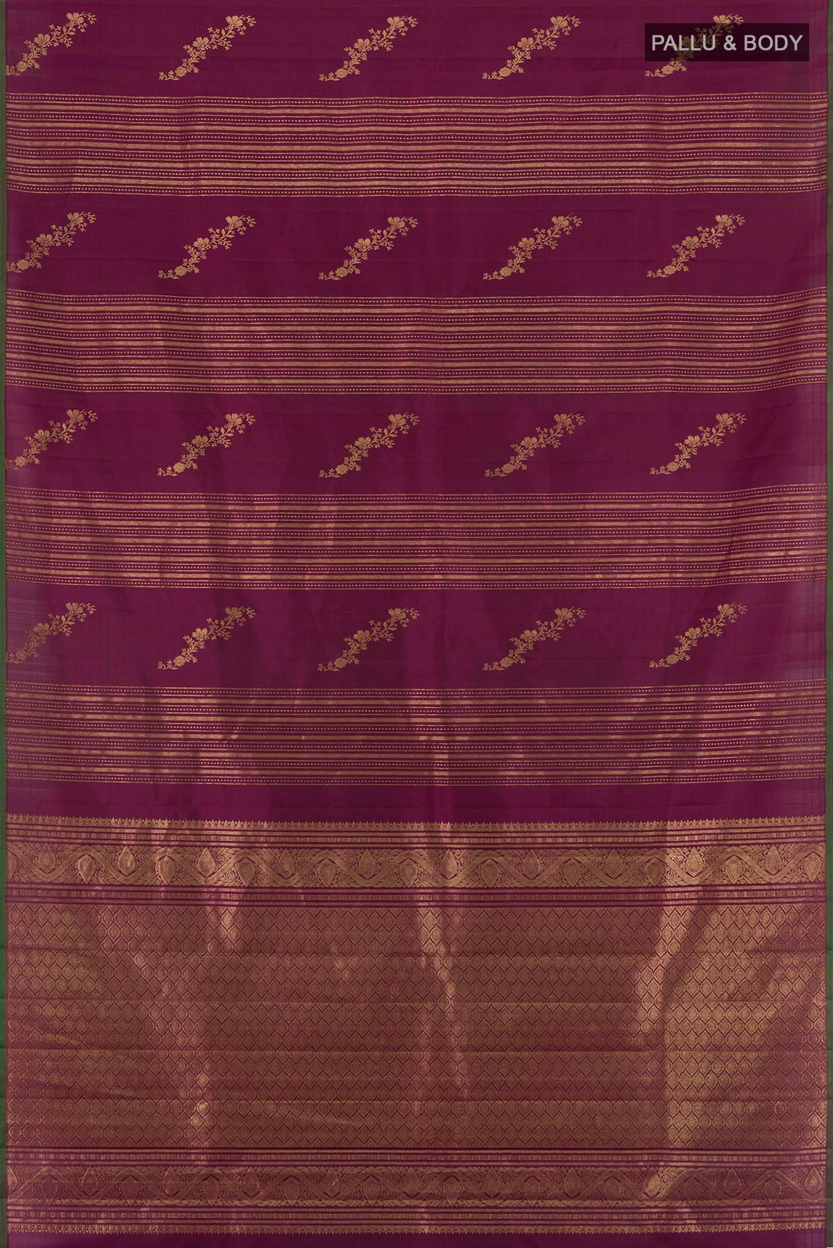 Flat view of Purple Kanjivaram Silk Saree with Stripes on the body and Without Border. 