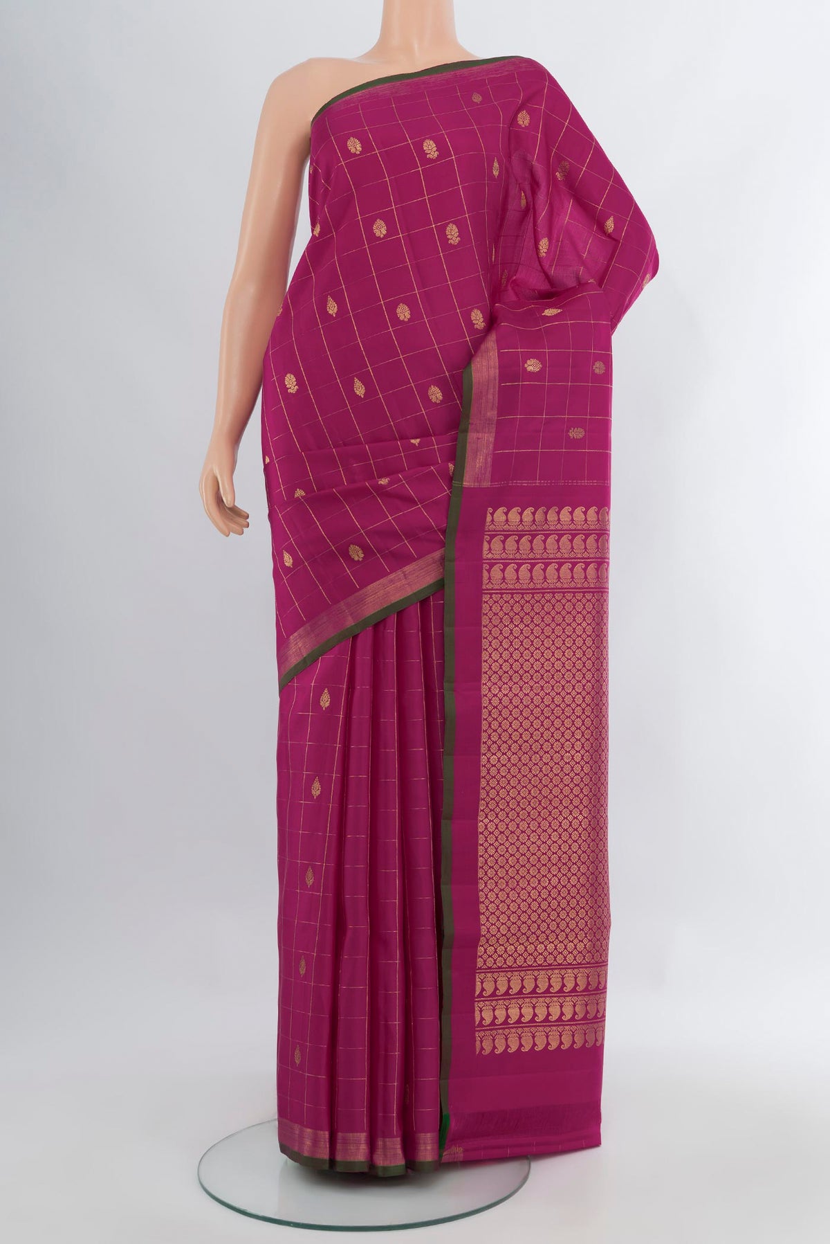Magenta Kanjivaram Silk Saree with Checked design on the body and Without Border.  displayed on a mannequin