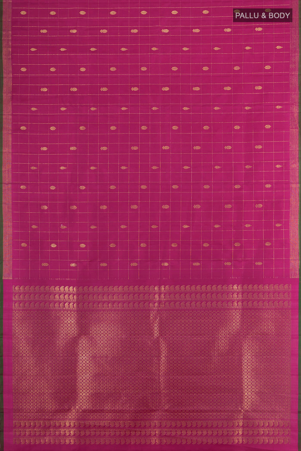 Flat view of Magenta Kanjivaram Silk Saree with Checked design on the body and Without Border. 