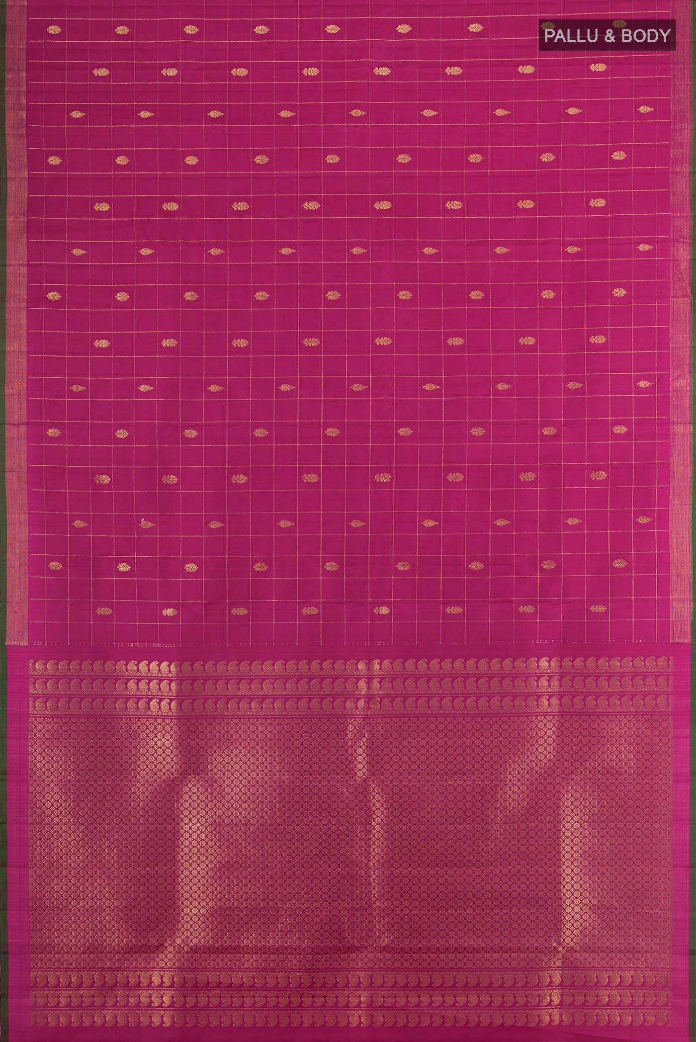 Flat view of Magenta Kanjivaram Silk Saree with Checked design on the body and Without Border. 