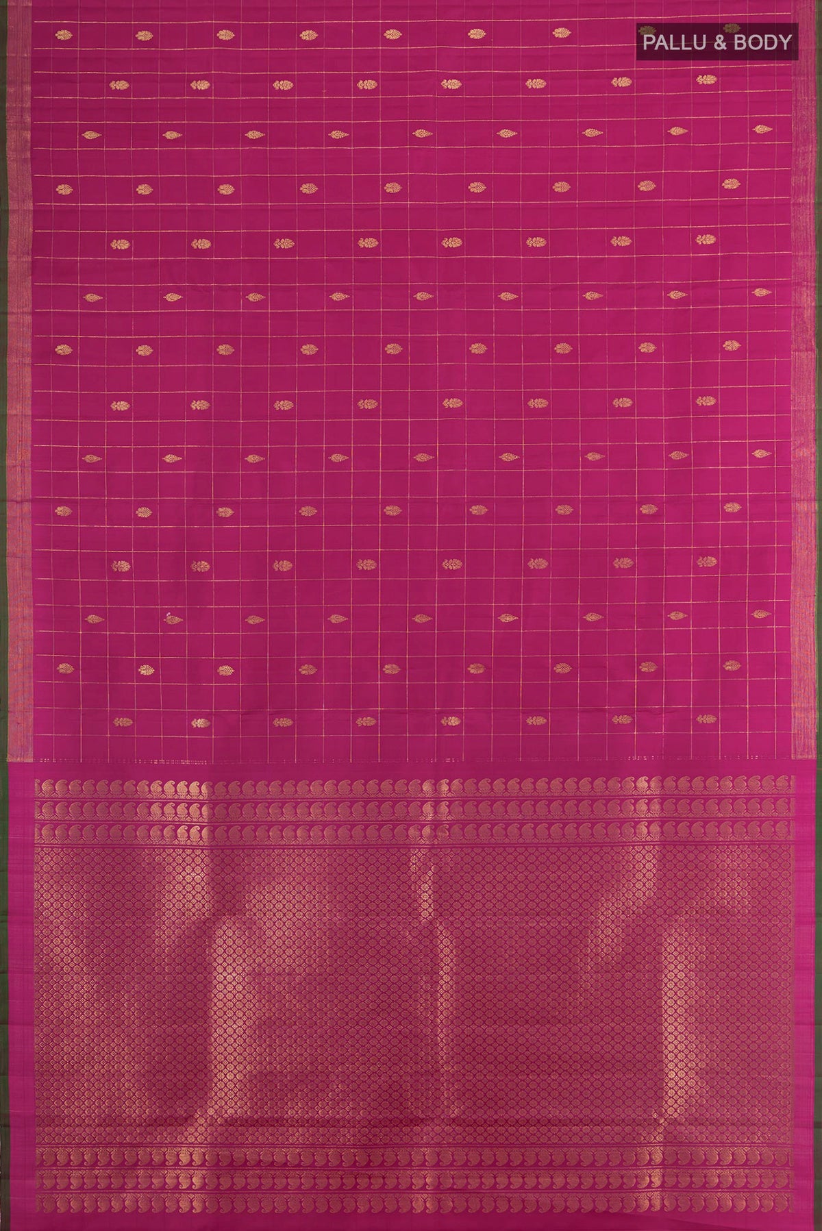 Flat view of Magenta Kanjivaram Silk Saree with Checked design on the body and Without Border. 