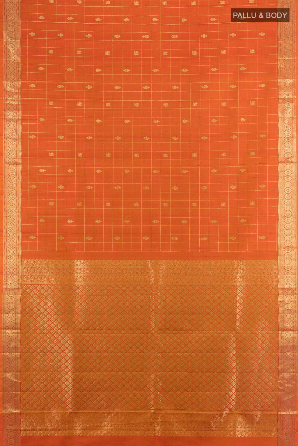 Flat view of Pure Silk Rust Kanjivaram Saree with Checked design on the body and Zari Border. 