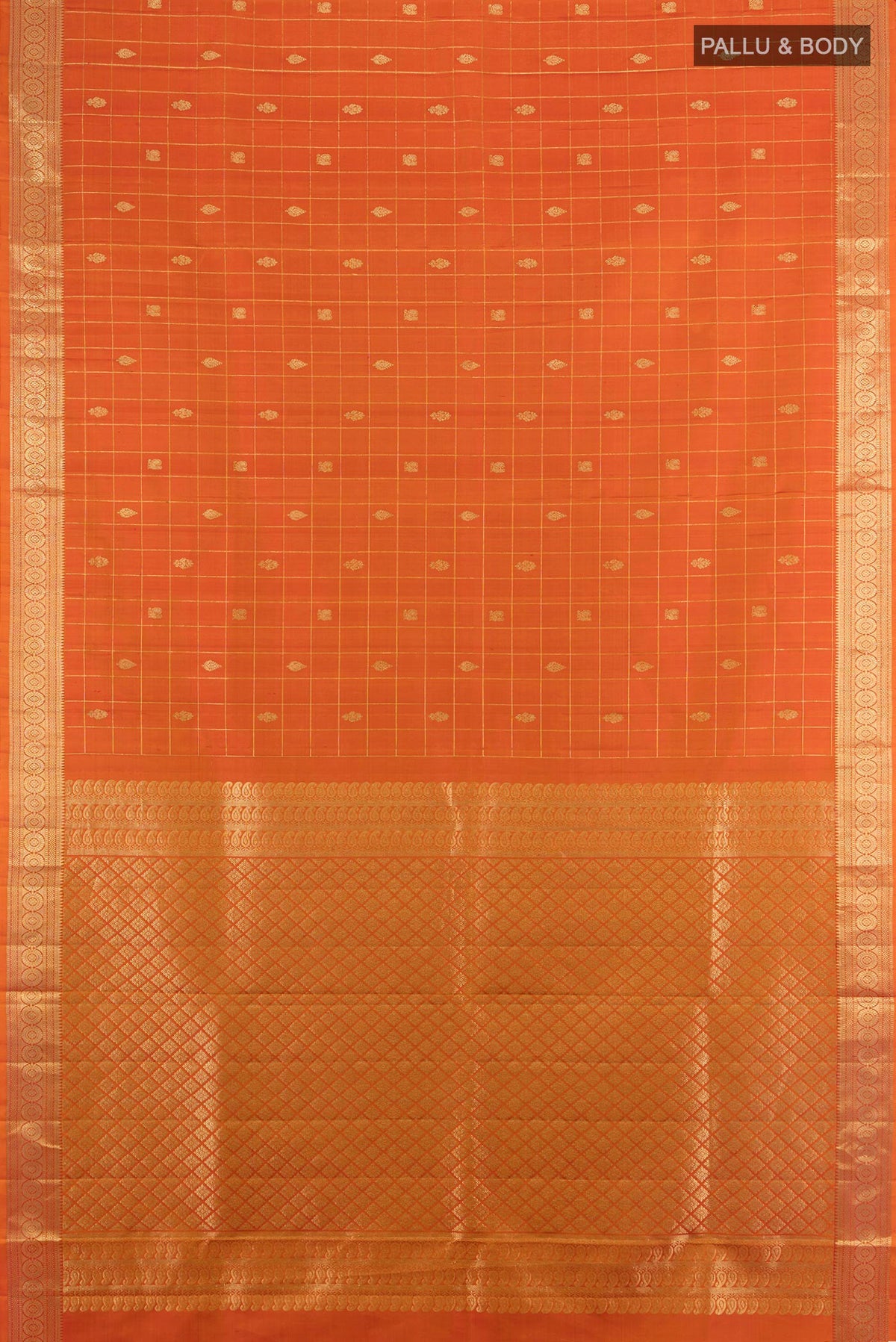 Flat view of Pure Silk Rust Kanjivaram Saree with Checked design on the body and Zari Border. 