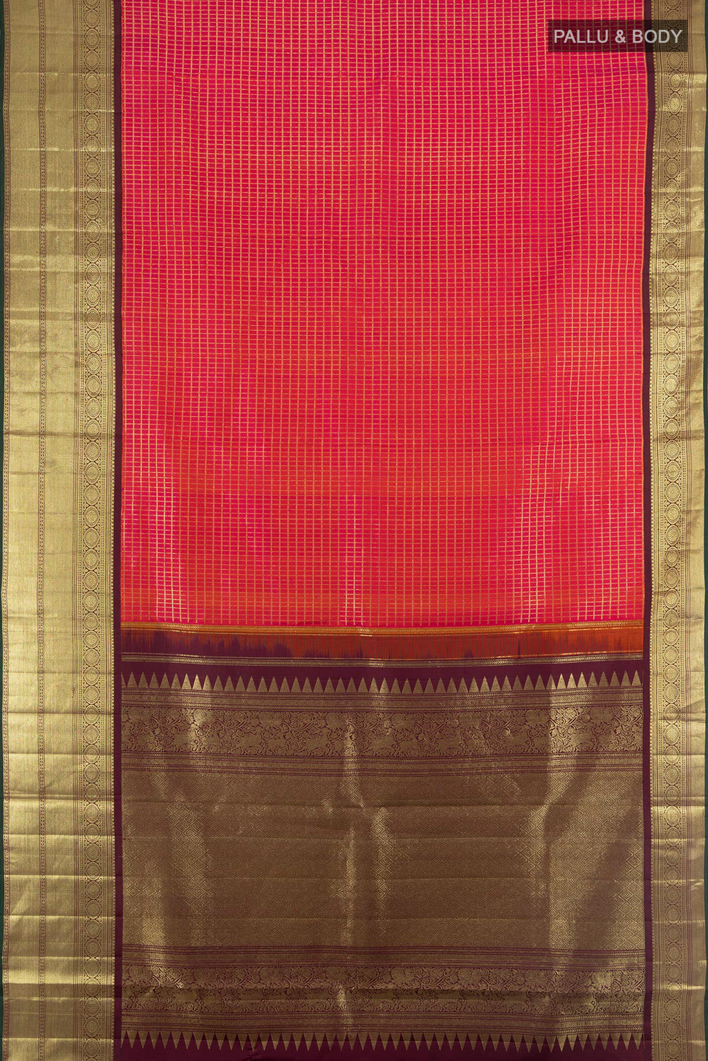 Flat view of Pink Kanchipuram Silk Saree with Checked design on the body and Zari Border. 