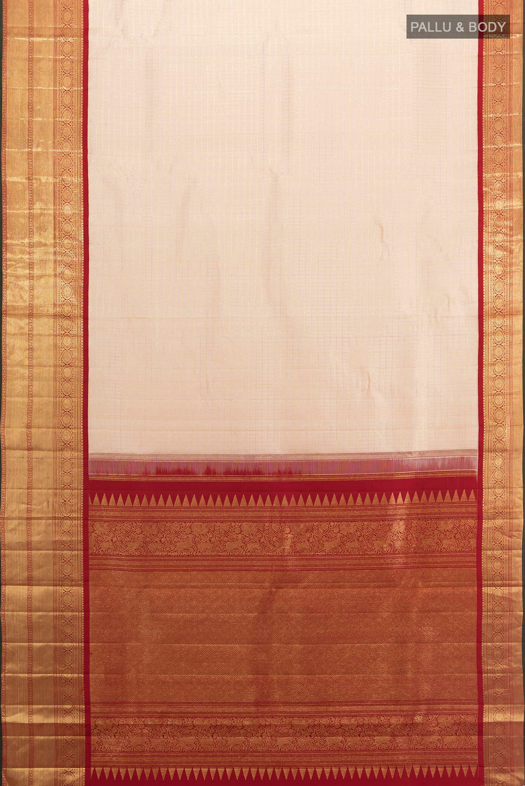 Flat view of Cream Kanchipuram Silk Saree with Checked design on the body and Zari Border. 