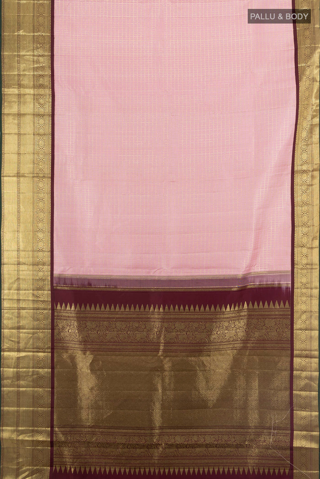 Flat view of Pure Silk Rose pink Kanchipuram Saree with Checked design on the body and Zari Border. 