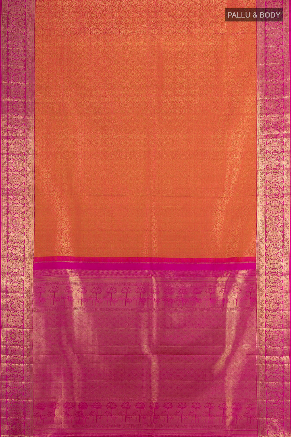 Flat view of Brick Orange Kanchipuram Silk Saree with Zari Brocade on the body and Zari Border. 