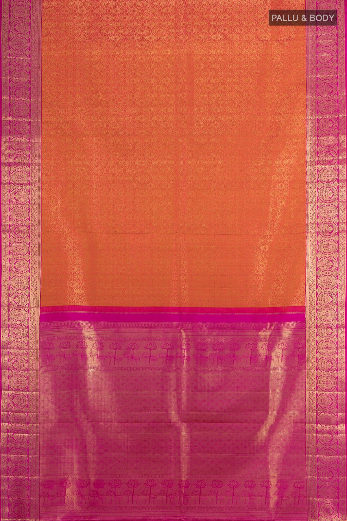 Flat view of Brick Orange Kanchipuram Silk Saree with Zari Brocade on the body and Zari Border. 