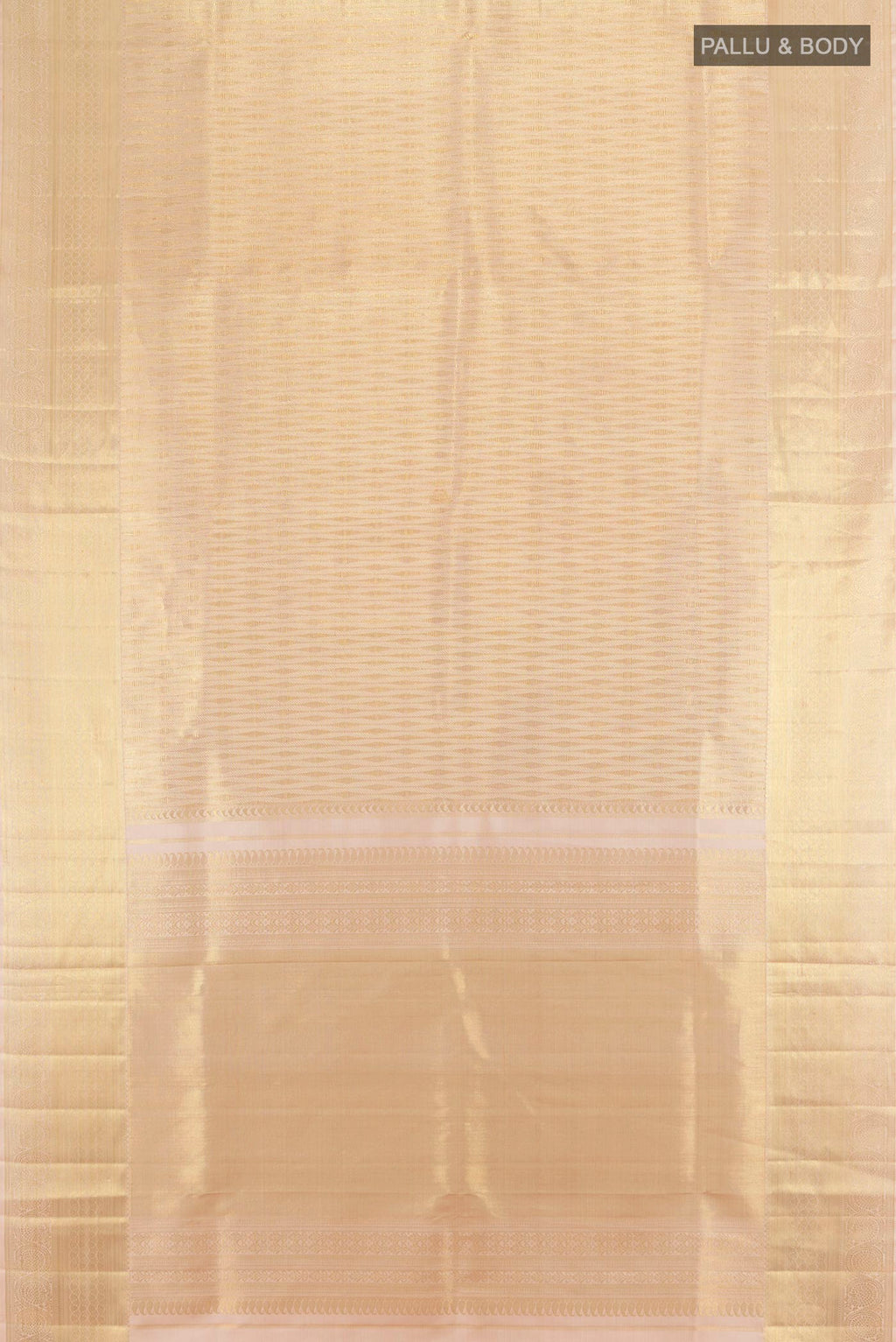 Flat view of Pure Silk Sandal Kanchipuram Saree with Zari Brocade on the body and Zari Border. 