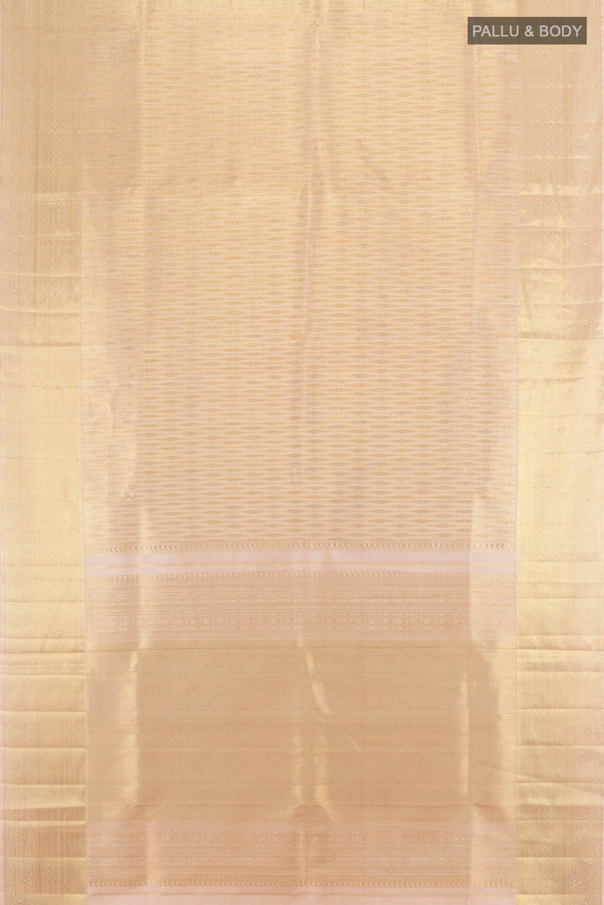 Flat view of Pure Silk Sandal Kanchipuram Saree with Zari Brocade on the body and Zari Border. 
