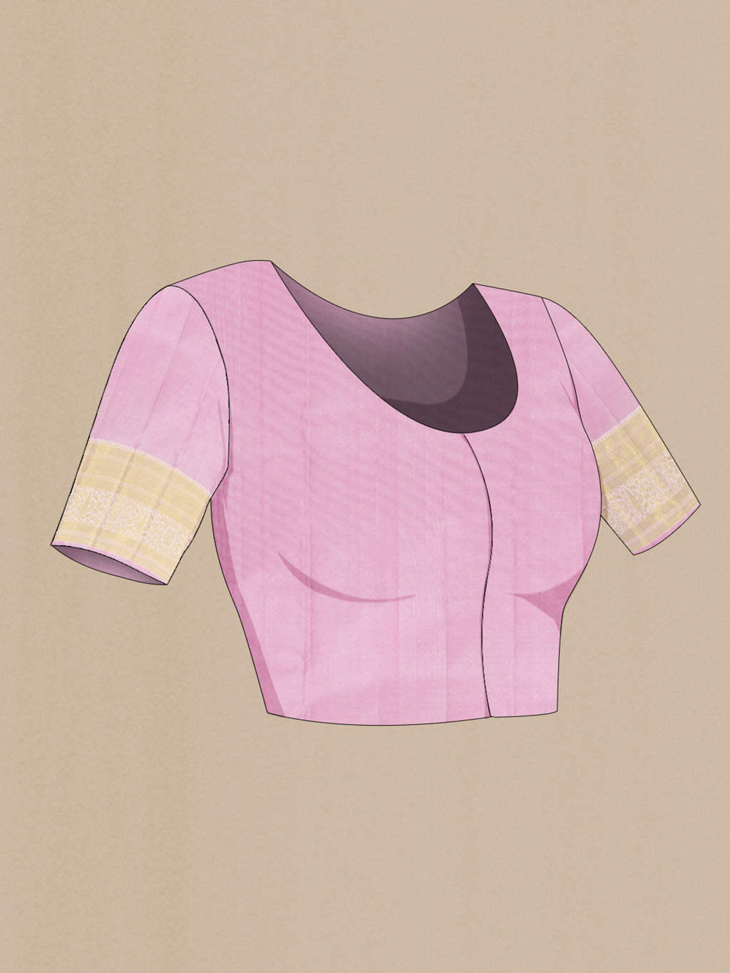 Close up image of the blouse of Rose pink Kanchipuram Silk Saree with Zari Brocade on the body and Zari Border. 