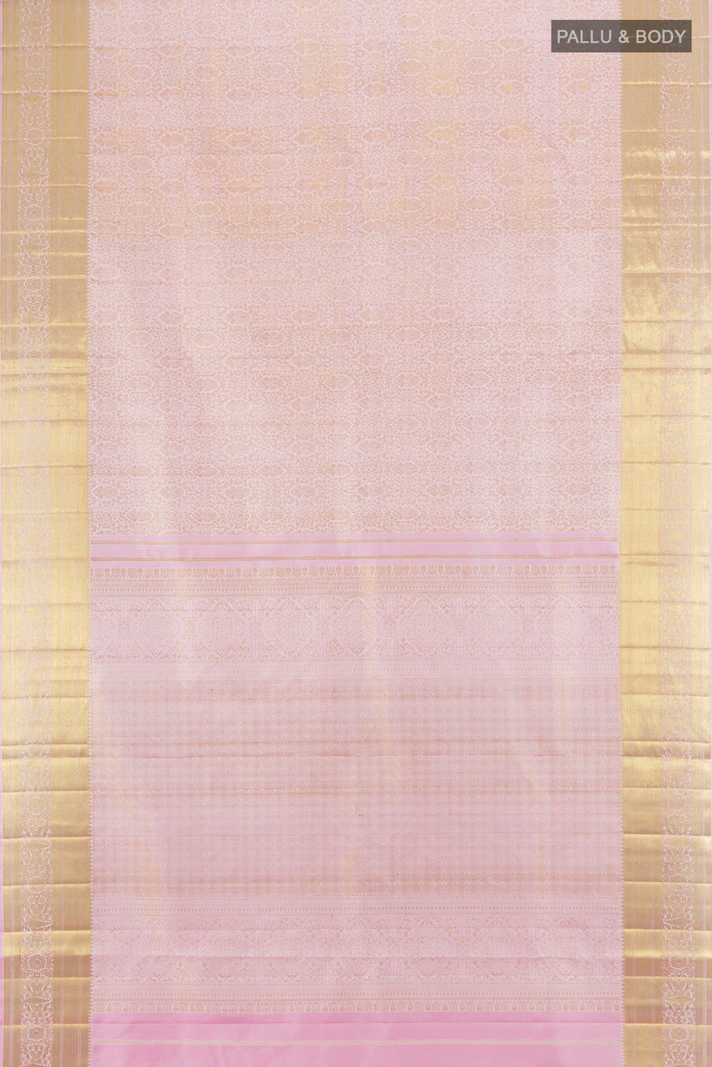 Flat view of Rose pink Kanchipuram Silk Saree with Zari Brocade on the body and Zari Border. 