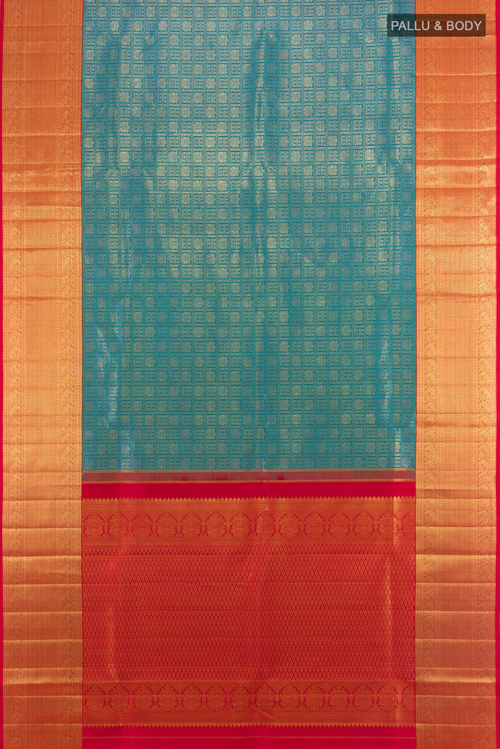 Flat view of Pure Silk Peacock Blue Kanchipuram Saree with Zari Brocade on the body and Zari Border. 