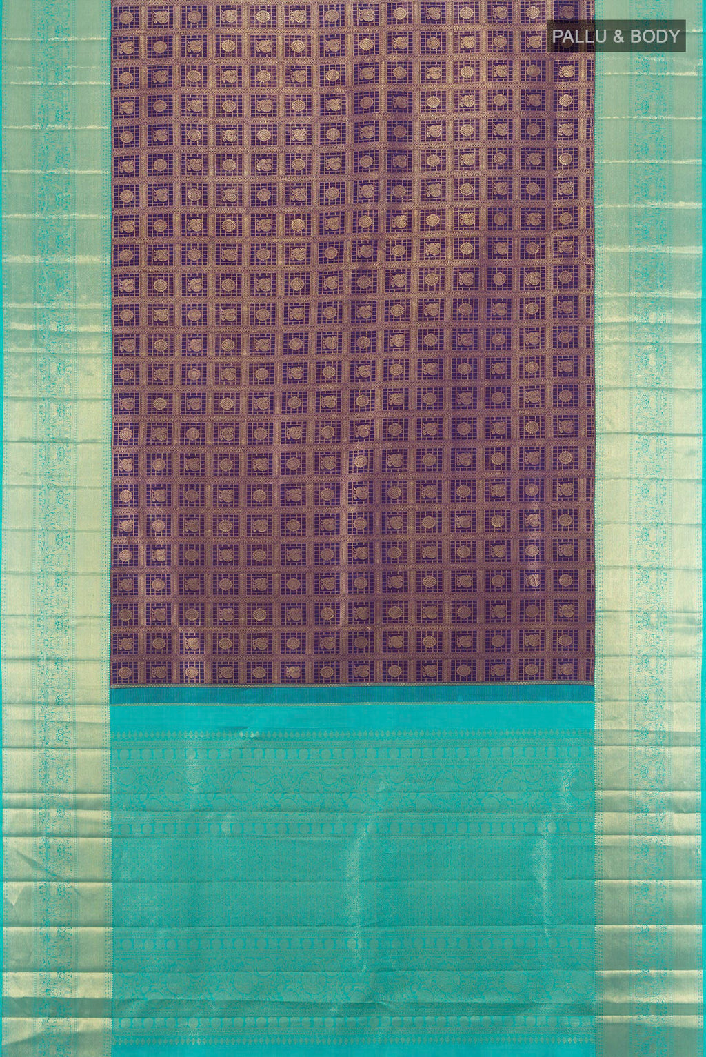 Flat view of Navy Blue Kanchipuram Silk Saree with Checked design on the body and Zari Border. 