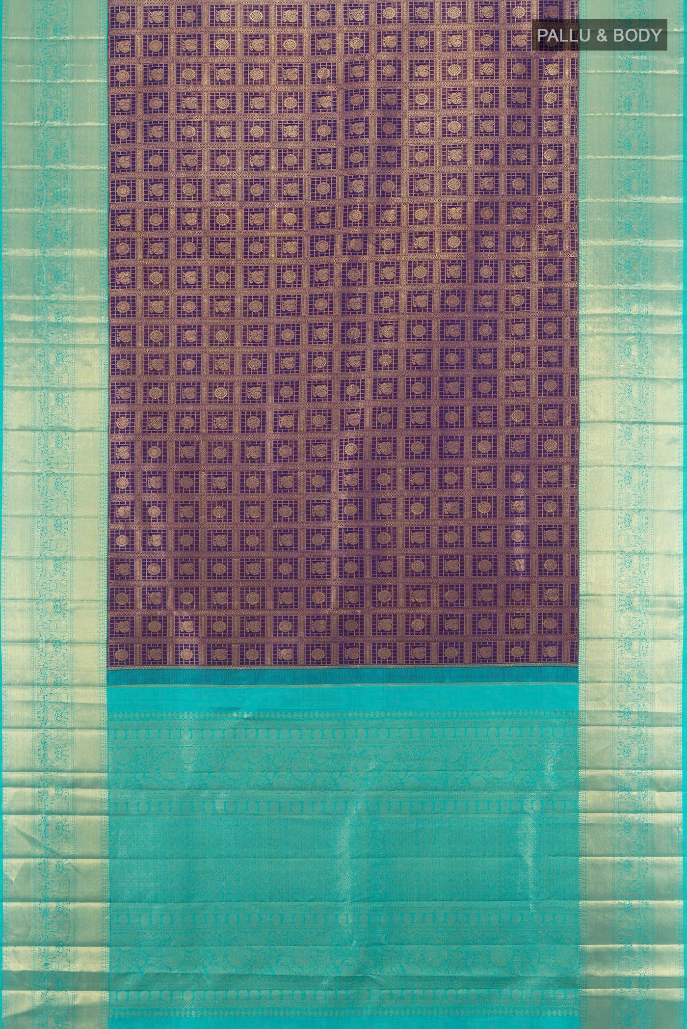 Flat view of Navy Blue Kanchipuram Silk Saree with Checked design on the body and Zari Border. 