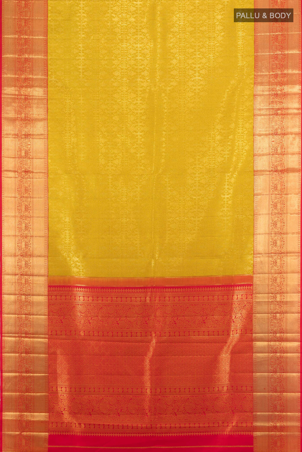 Flat view of Pure Silk Mustard Kanchipuram Saree with Zari Butta on the body and Zari Border. 