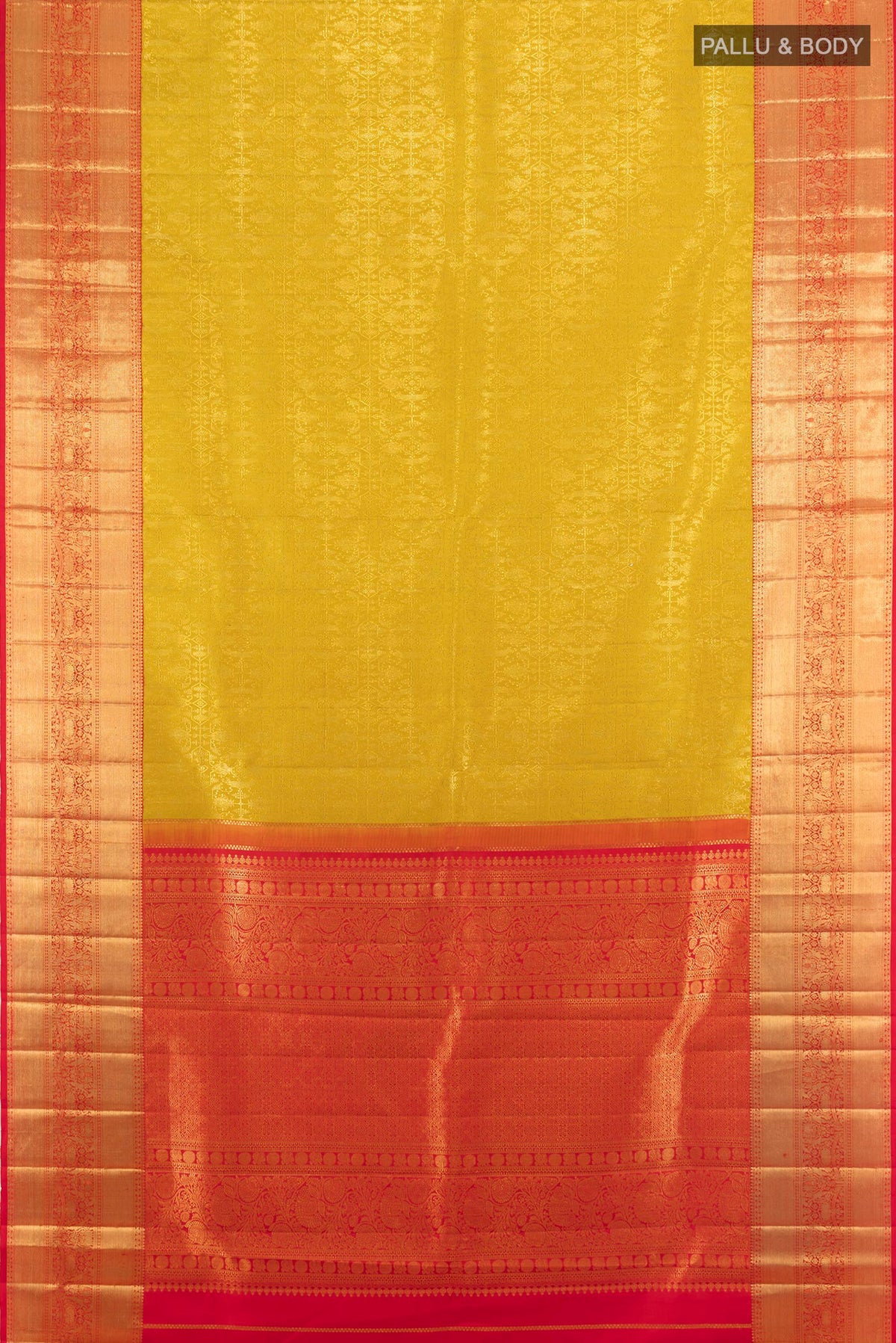 Flat view of Pure Silk Mustard Kanchipuram Saree with Zari Butta on the body and Zari Border. 