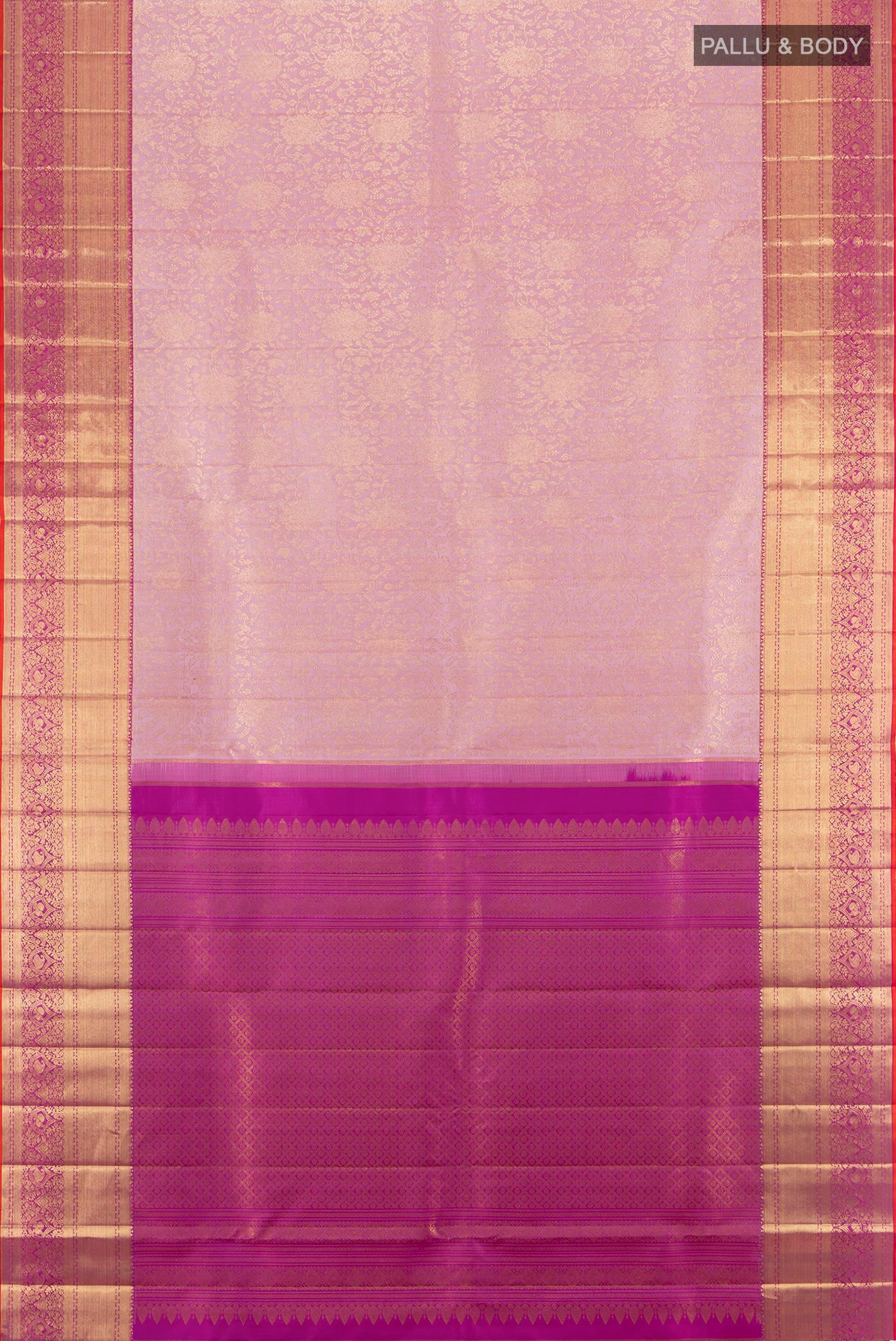 Flat view of Rose pink Kanchipuram Silk Saree with Zari Brocade on the body and Zari Border. 
