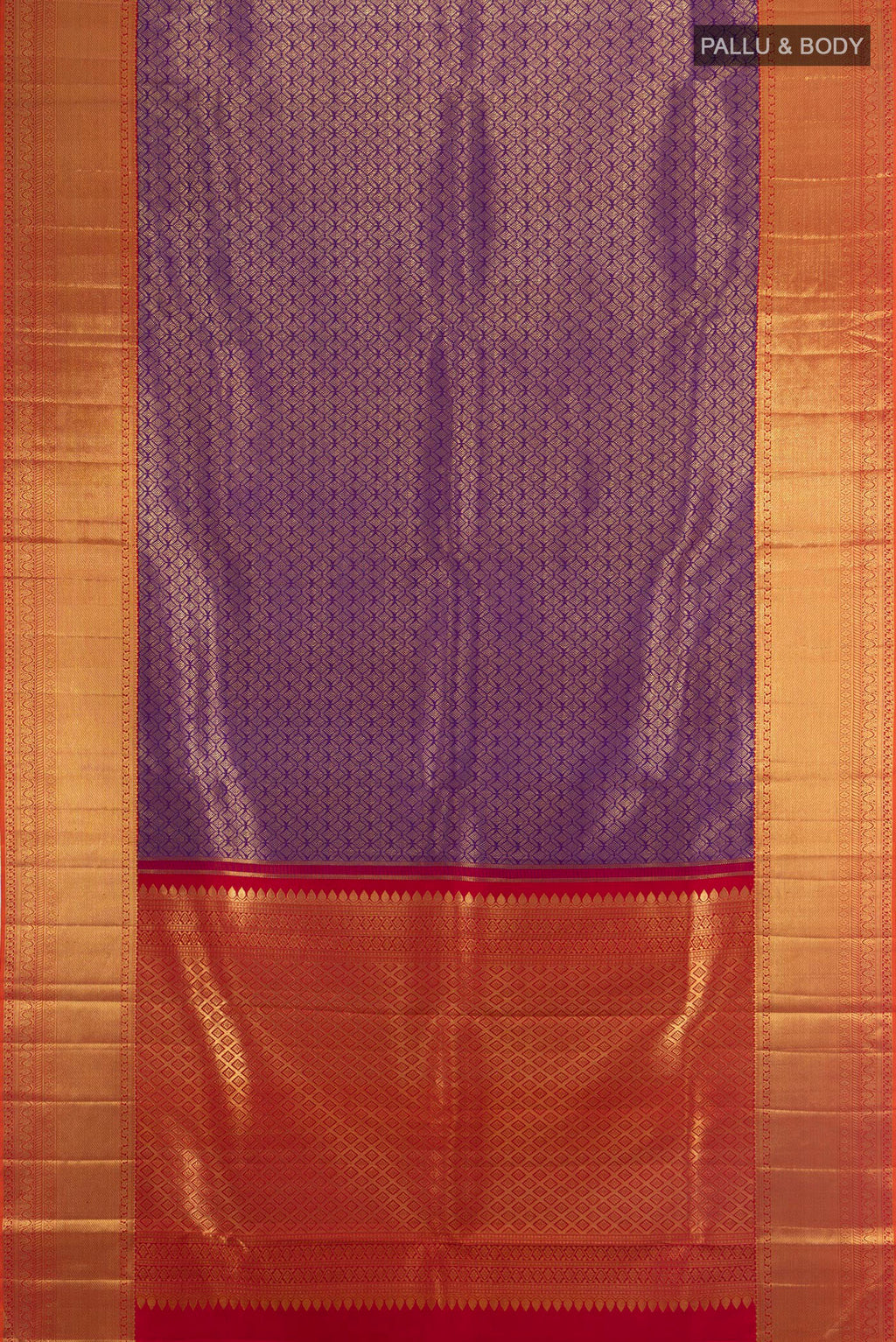 Flat view of Violet Kanchipuram Silk Saree with Zari Brocade on the body and Zari Border. 