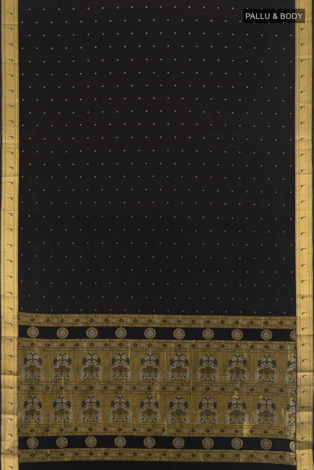Flat view of Black Mysore Crepe Saree with Zari Butta on the body and Zari Border. 