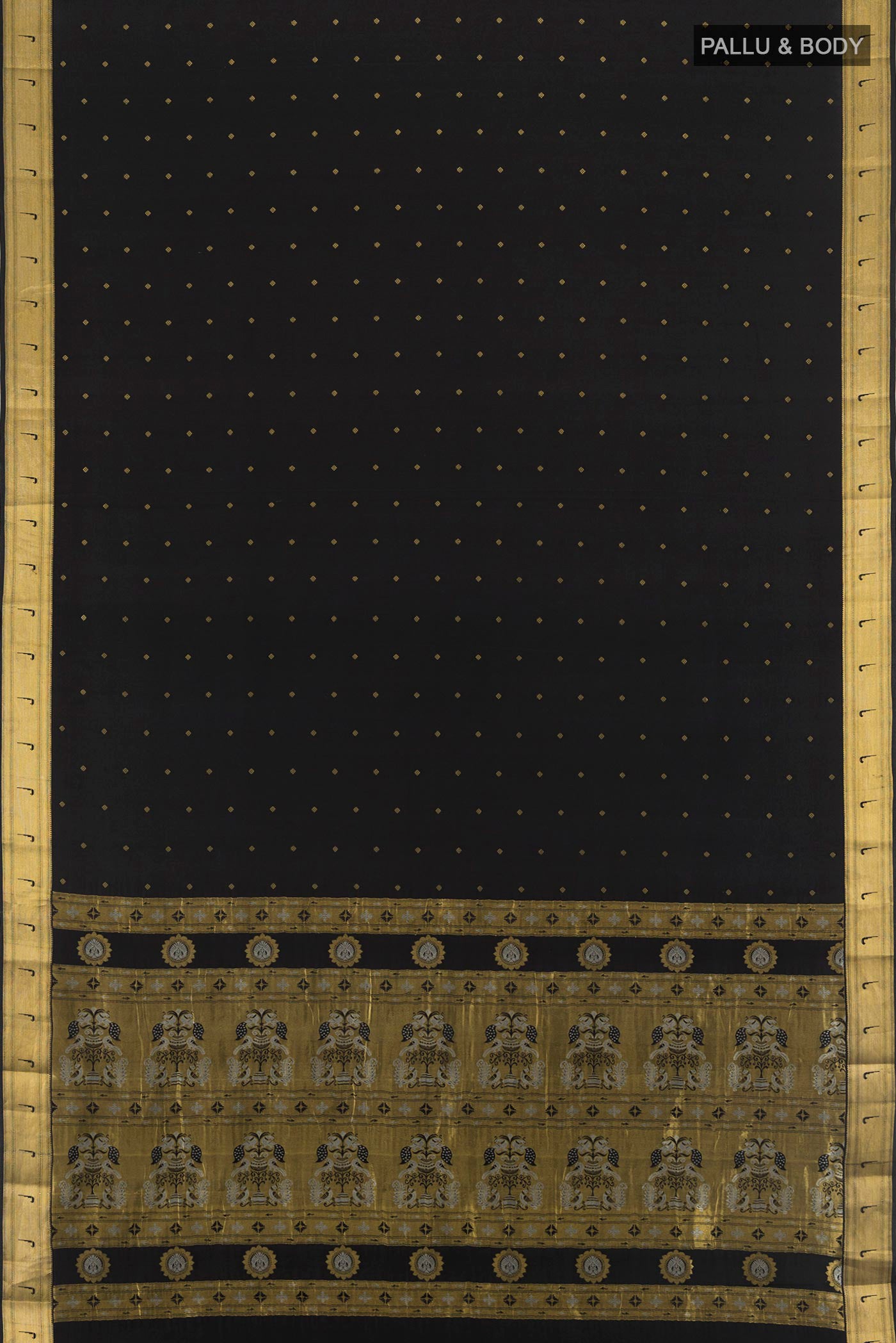 Flat view of Black Mysore Crepe Saree with Zari Butta on the body and Zari Border. 