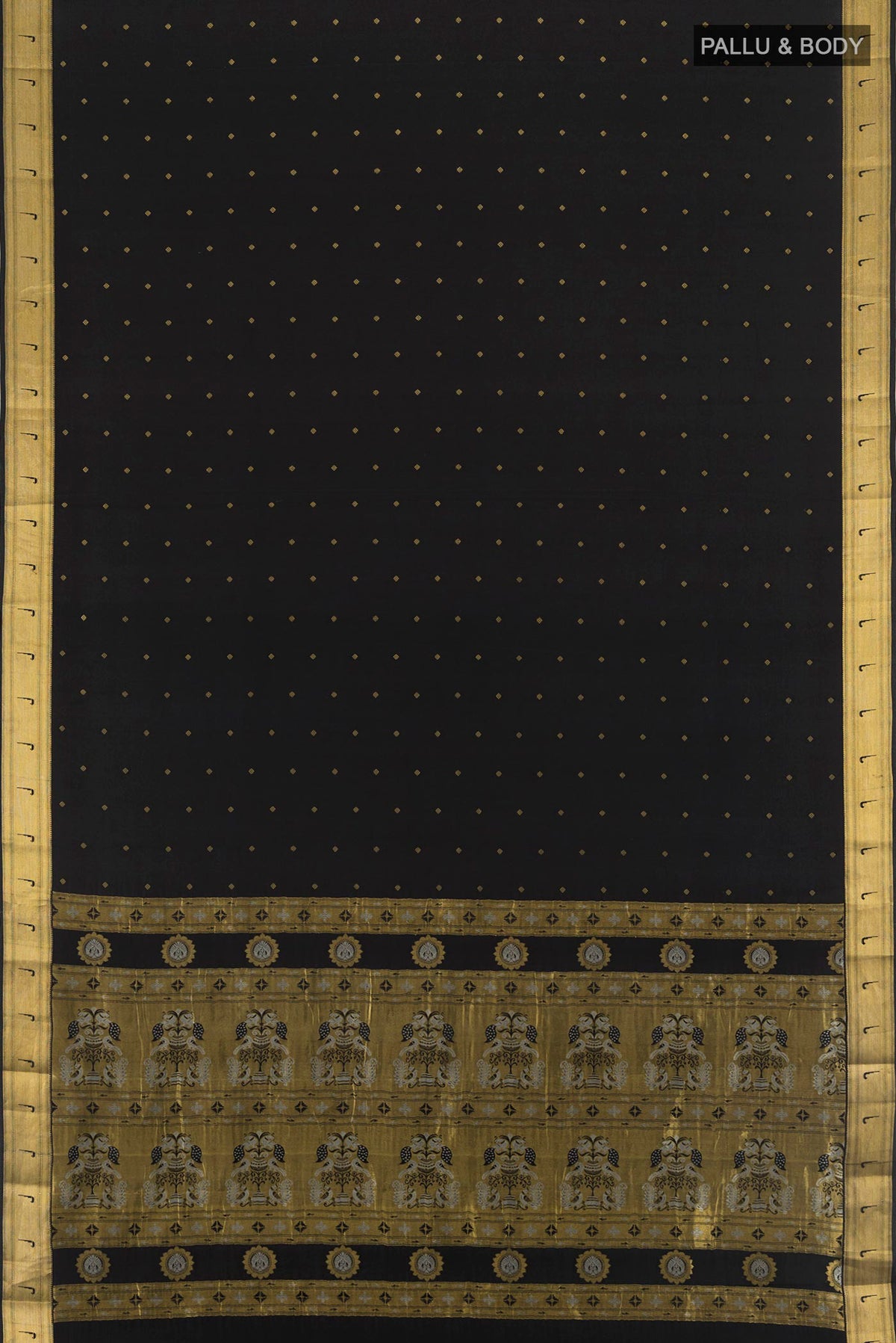Flat view of Black Mysore Crepe Saree with Zari Butta on the body and Zari Border. 