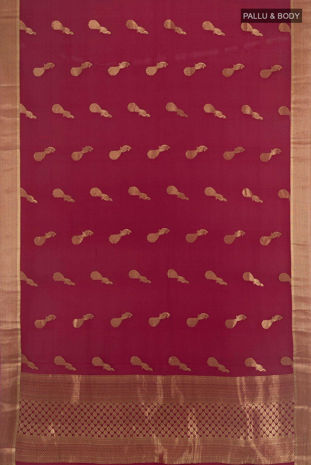 Flat view of Maroon Mysore Crepe Saree with Zari Butta on the body and Zari Border. 