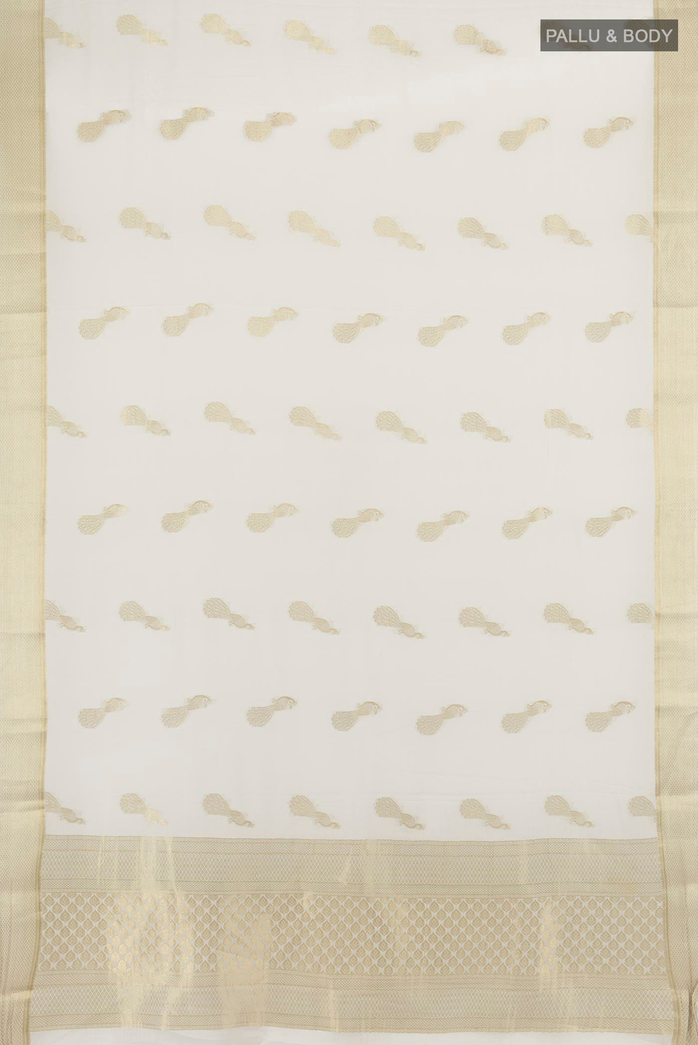Flat view of Cream Mysore Crepe Saree with Zari Butta on the body and Zari Border. 