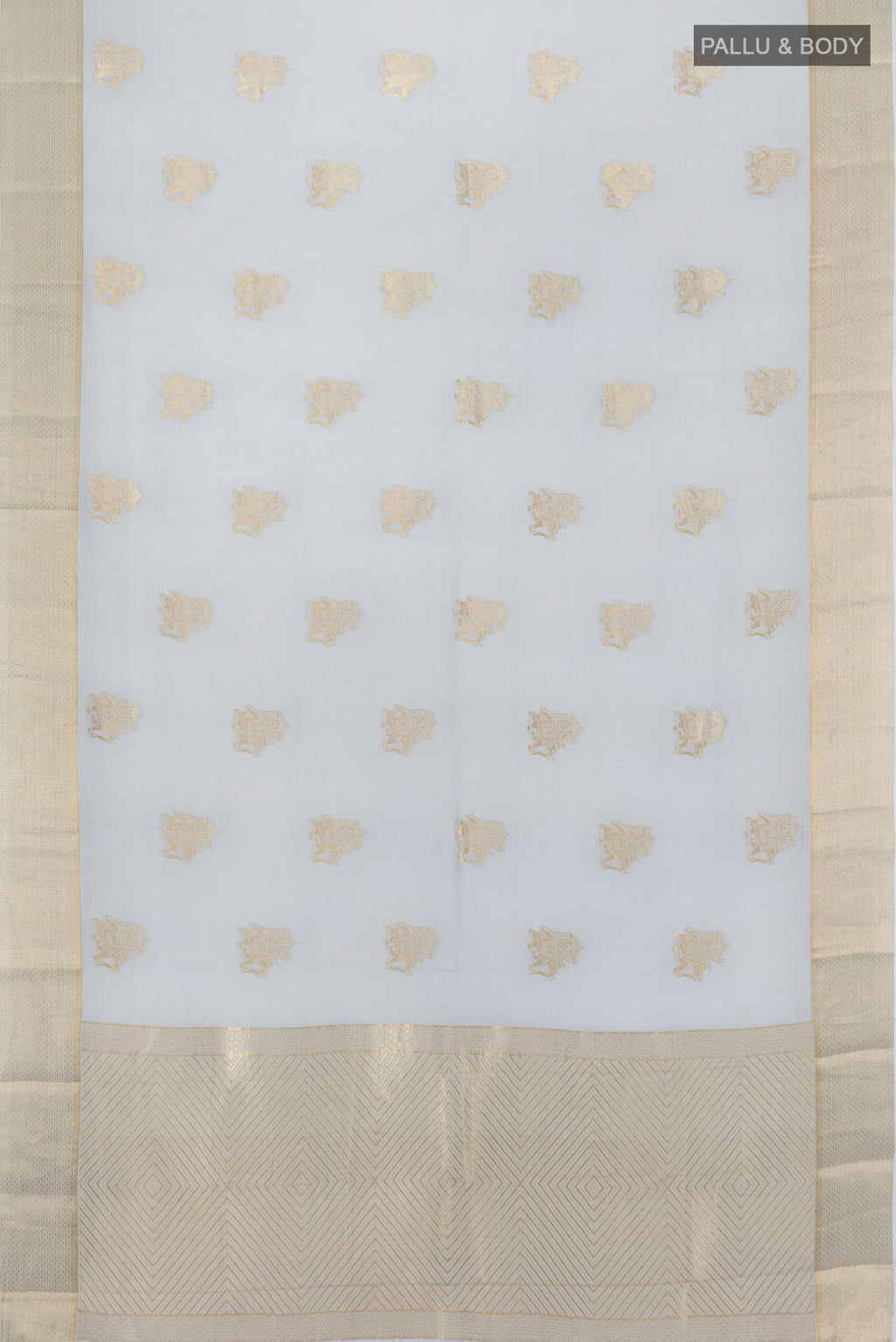 Flat view of Grey Mysore Crepe Saree with Zari Butta on the body and Zari Border. 