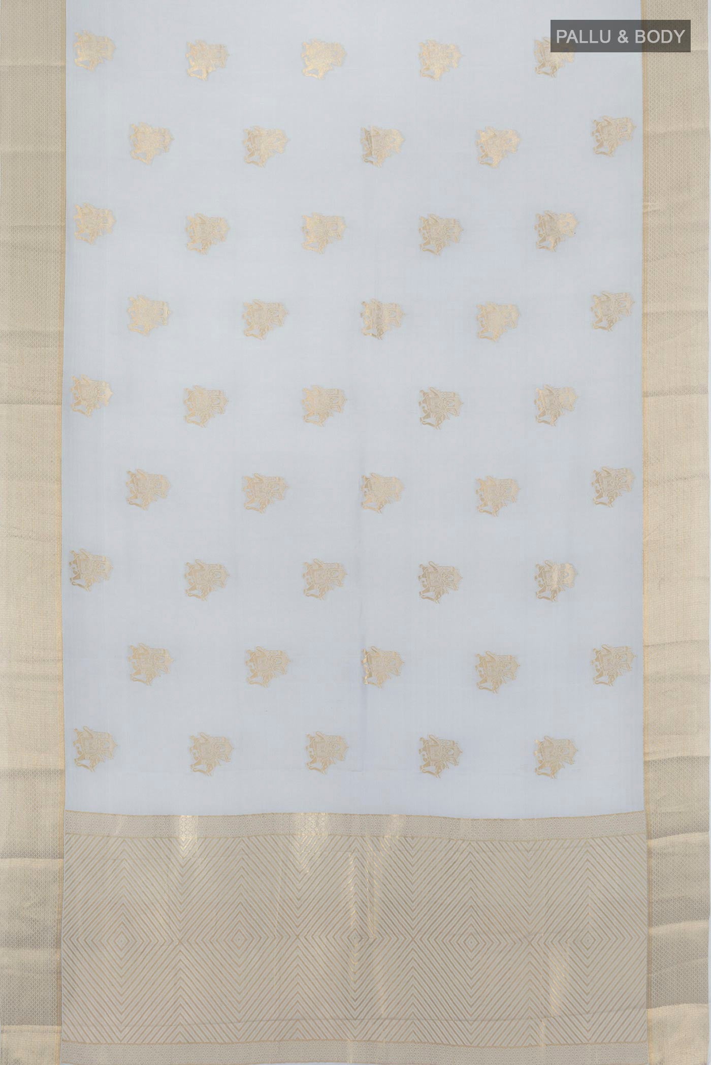 Flat view of Grey Mysore Crepe Saree with Zari Butta on the body and Zari Border. 
