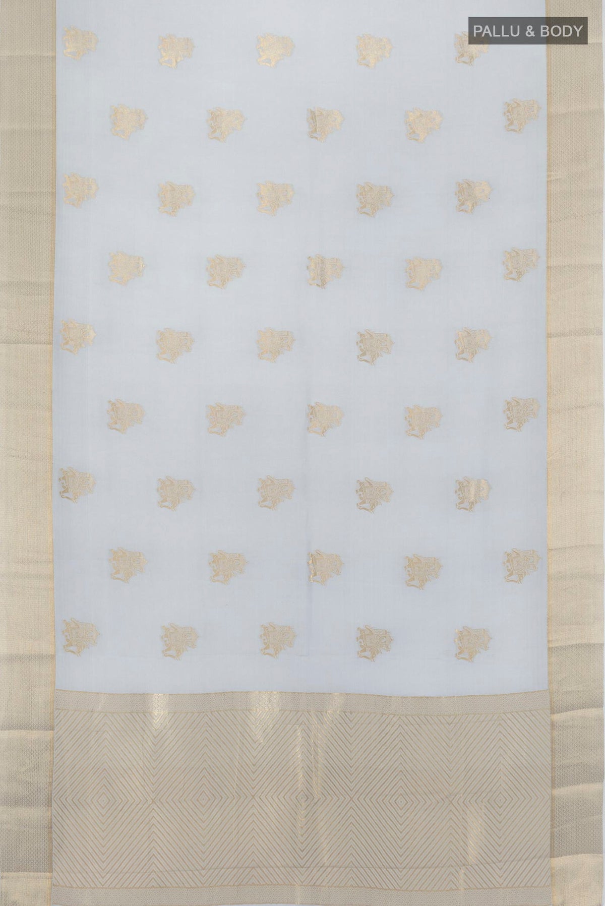 Flat view of Grey Mysore Crepe Saree with Zari Butta on the body and Zari Border. 